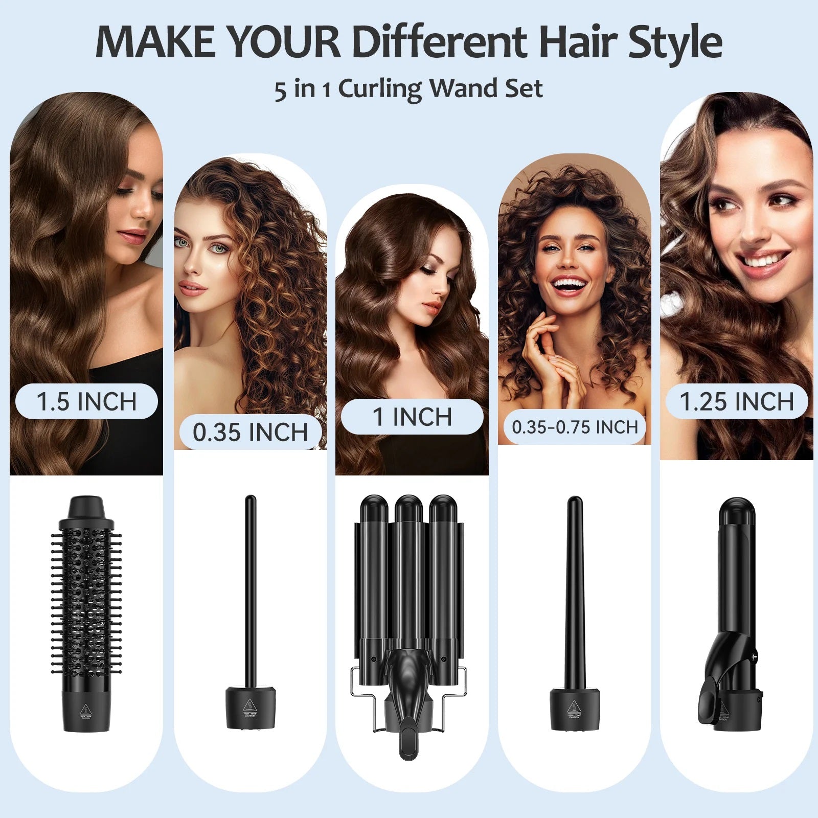 Curling Iron Set 5 in 1, FINETOL Curling Wand Set with Thermal Brush and 4 Interchangeable Ceramic Curling Wand(0.35"-1.25")
