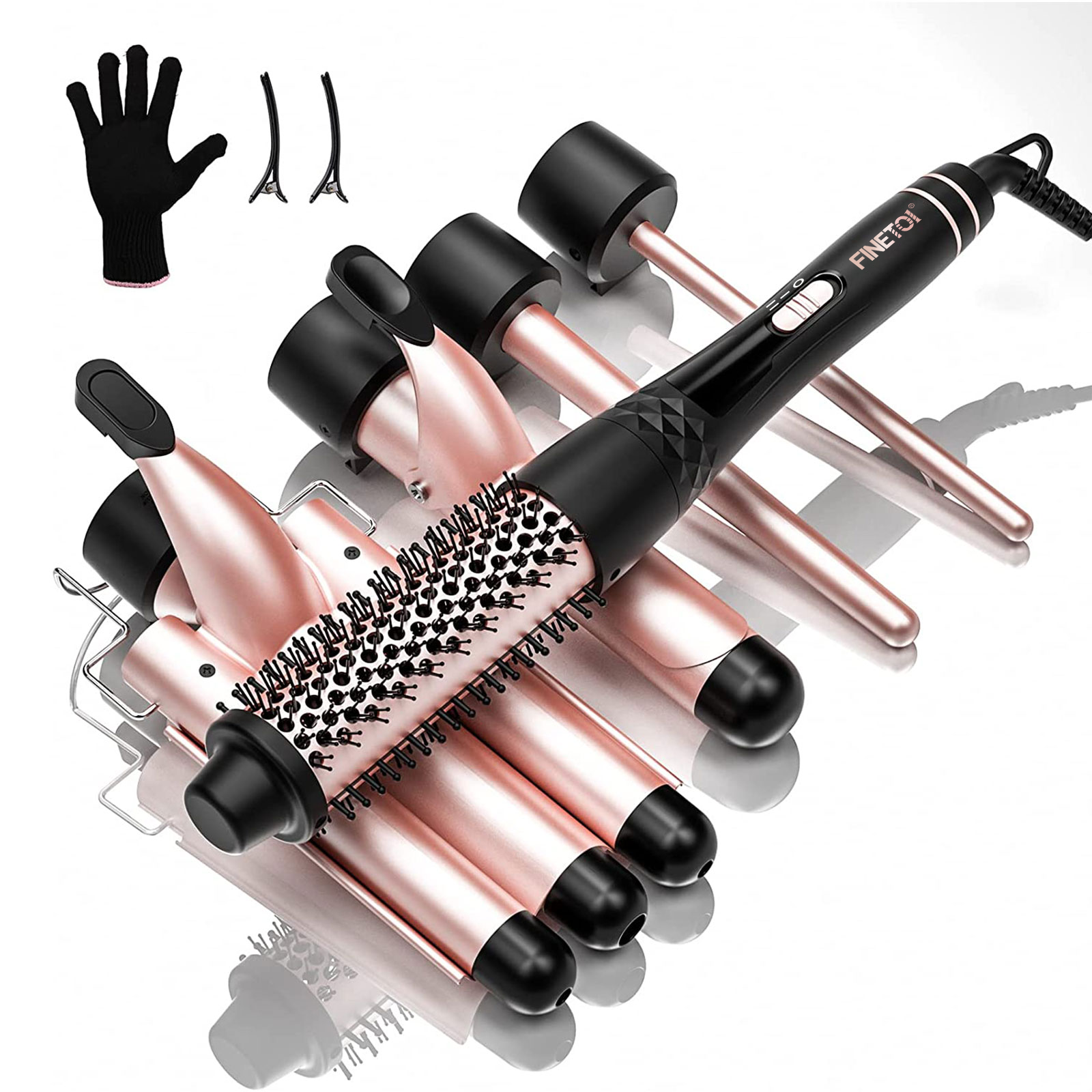 Beach Wave Curling Iron Wand, FINETOL 5 in 1 Hair Waver 3 Barrel Curling Iron Set for Long Short Soft Hard Hair, 30s Heat-up 5 Ceramic Hair Wand Curling Iron (0.3-1.25) with 2 Temps