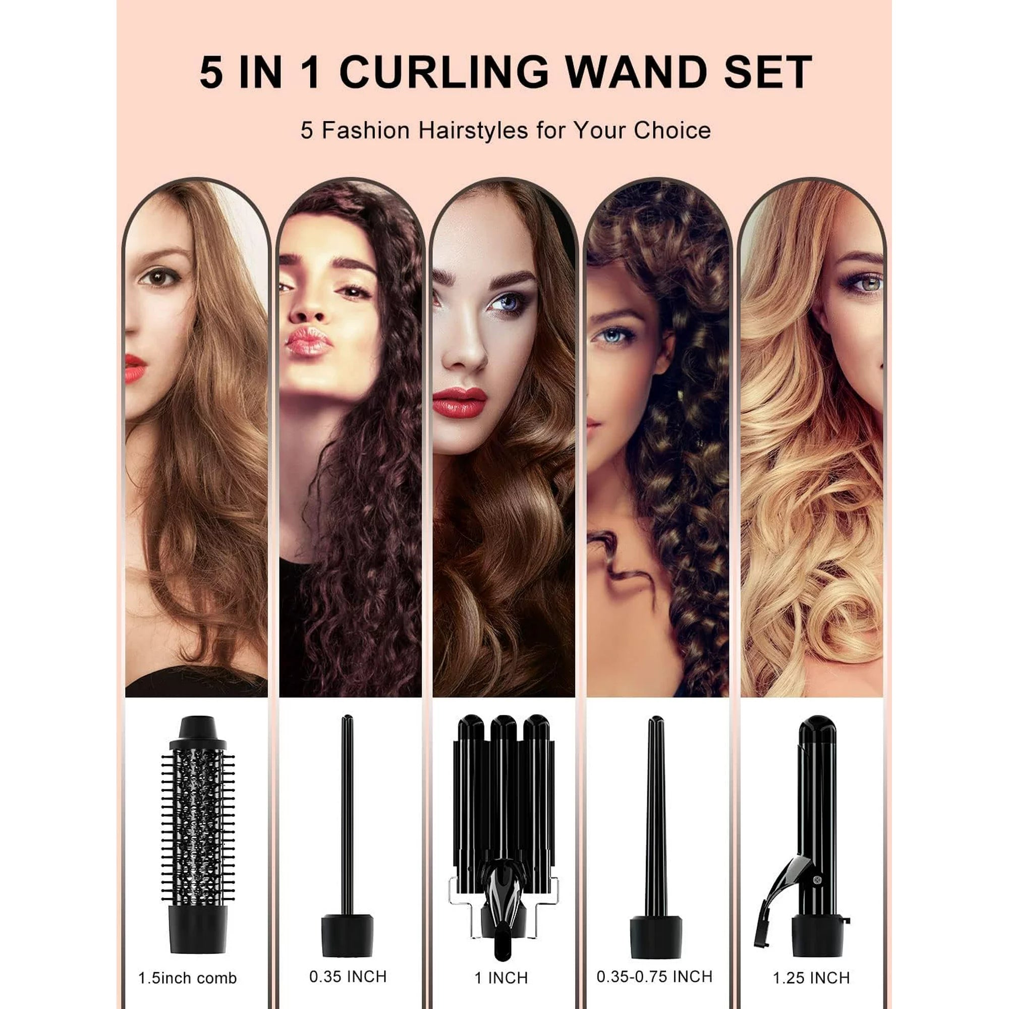 5 in 1 Hair Waver Curling Set for Long and Short Hair - 30s Heat-up Ceramic Iron with 2 Temps and 5 Barrels (0.3"-1.25")