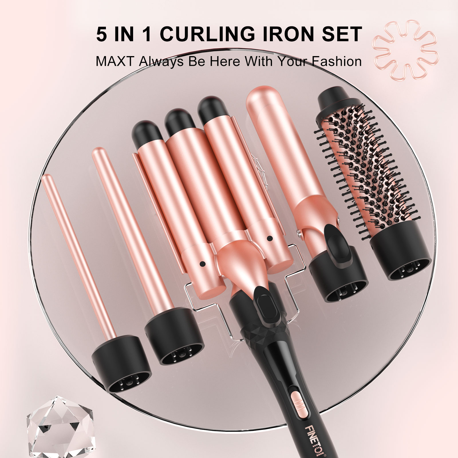 Beach Wave Curling Iron Wand, FINETOL 5 in 1 Hair Waver 3 Barrel Curling Iron Set for Long Short Soft Hard Hair, 30s Heat-up 5 Ceramic Hair Wand Curling Iron (0.3-1.25) with 2 Temps
