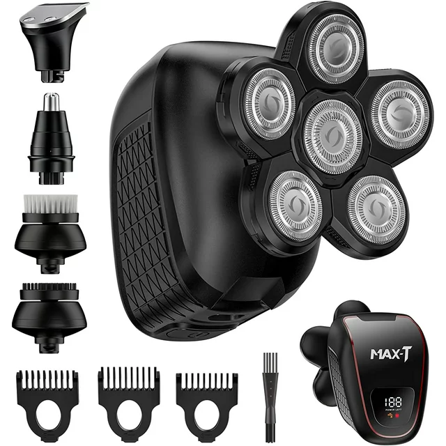 MAX-T Head Shavers for Men, Electric Razor for a Perfect Bald Look Wet/Dry 5 in 1 Cordless USB Rechargeable 6D Rotary Shaver