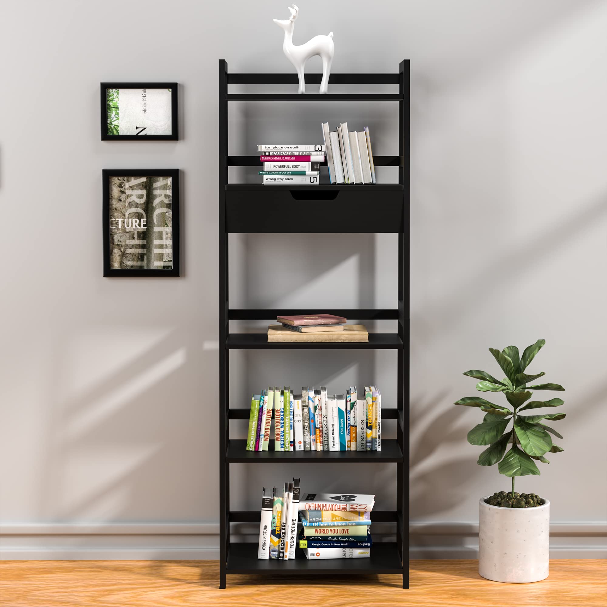 WTZ Bamboo Bookshelf with Drawer, 519 Black