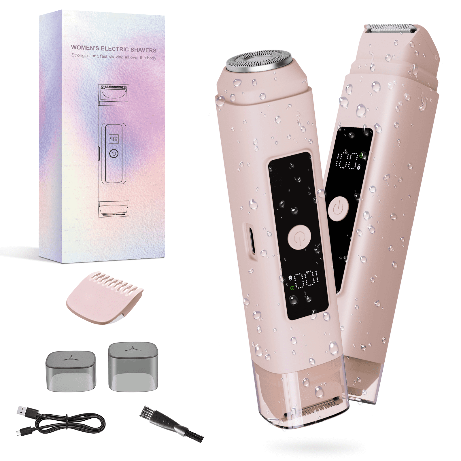 2 in 1 Women Electric Shaver, Dual Head Bikini Trimmer, IPX7 Waterproof Wet & Dry Use Body Hair Trimmer and Facial Hair Remover for Bikini Underarm Leg Arm Face Lip, Pink