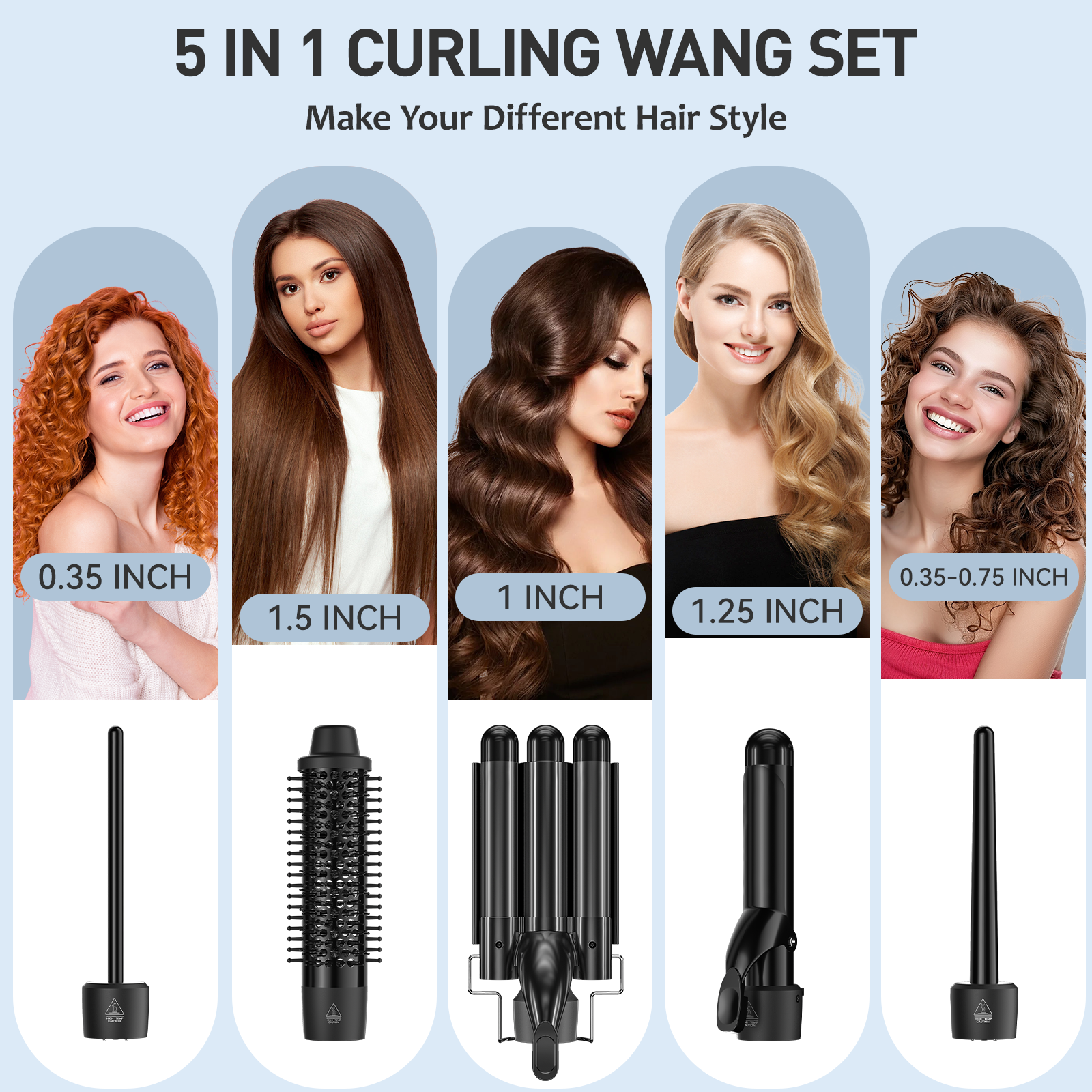 MAXT 5 in 1 Curling Iron Wand Set Dual Voltage 0.35-1.25" Replaceable Ceramic Wand Curler with Glove & Clips Black