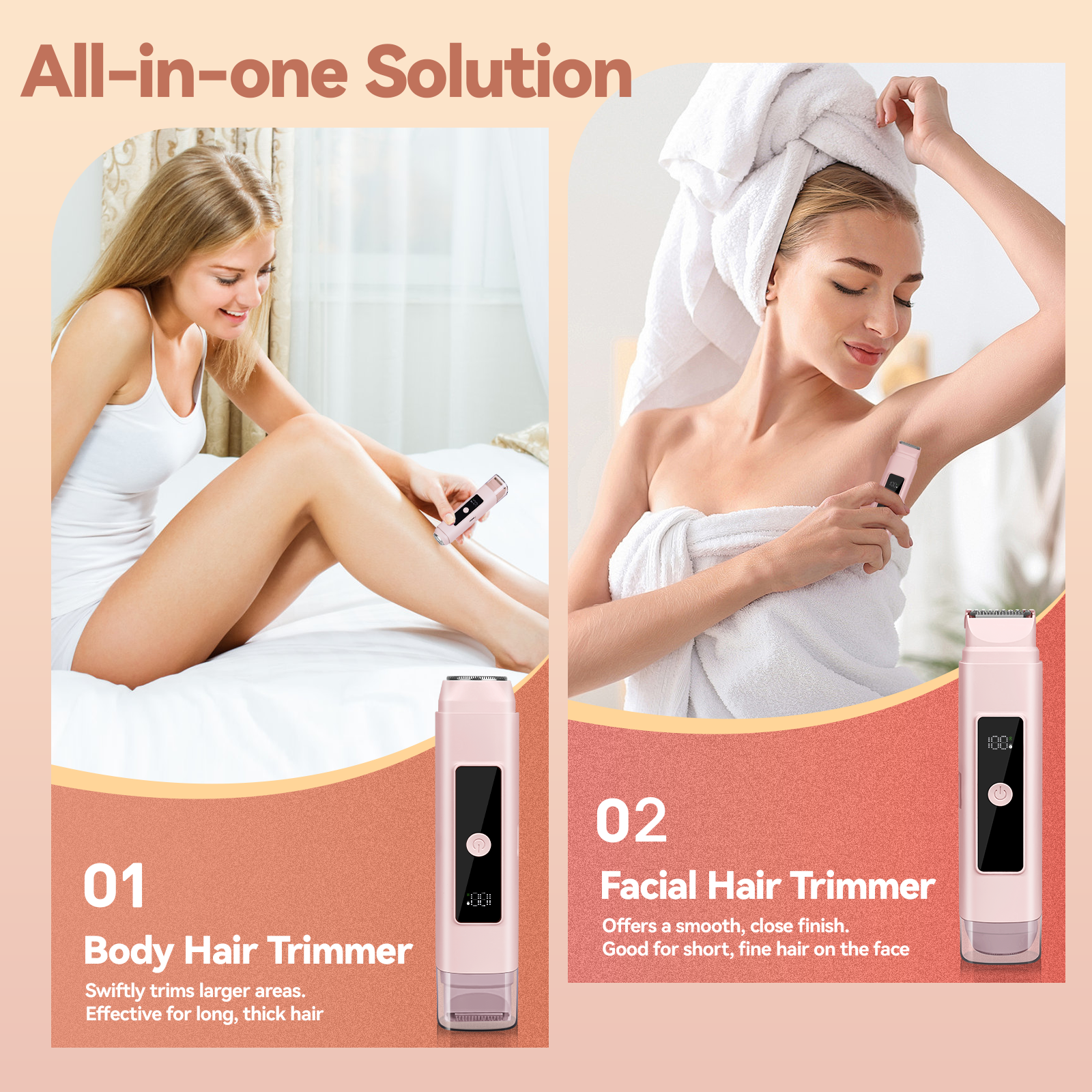 2 in 1 Women Electric Shaver, Dual Head Bikini Trimmer, IPX7 Waterproof Wet & Dry Use Body Hair Trimmer and Facial Hair Remover for Bikini Underarm Leg Arm Face Lip, Pink