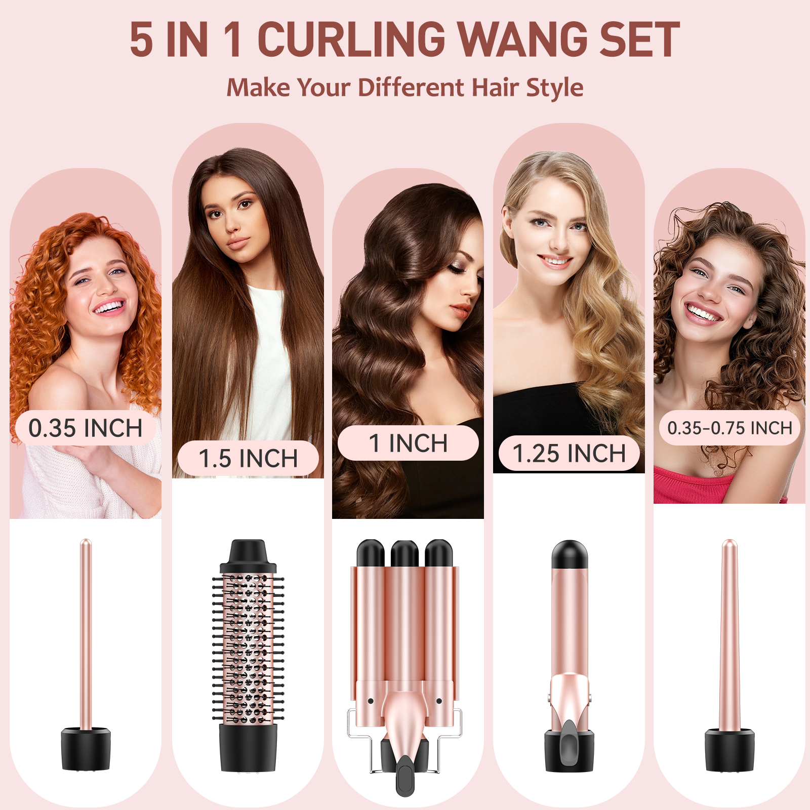 MAXT 5 in 1 Curling Iron Wand Set Dual Voltage 0.35-1.25" Replaceable Ceramic Wand Curler with Glove & Clips Pink