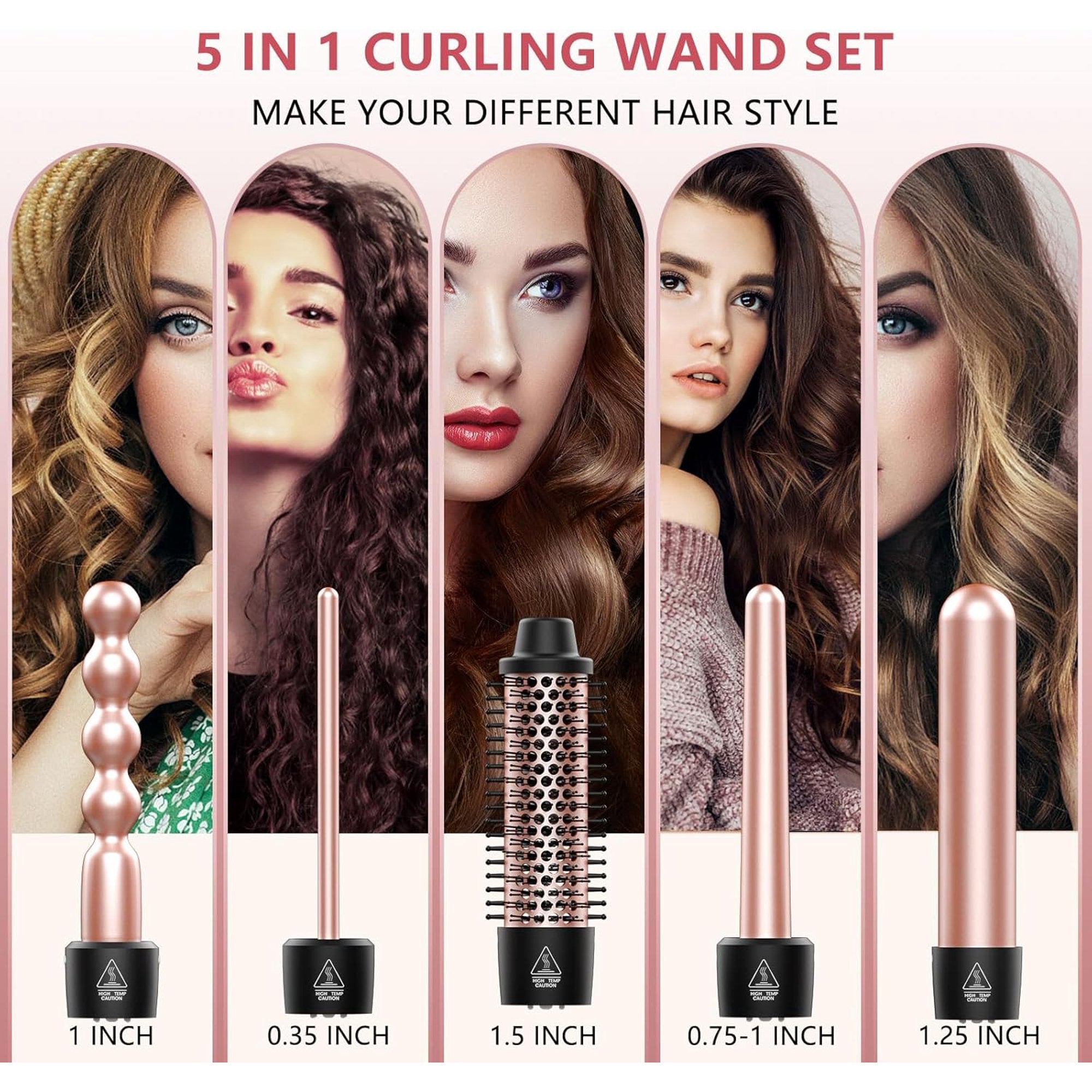 Curling Iron Set, O'bella 5 in 1 Curling Wand Set with Thermal Brush&4 Interchangeable Ceramic Curling Wand(0.35”-1.25”), 2 Temps Instantly Heating Hair Wand Curler