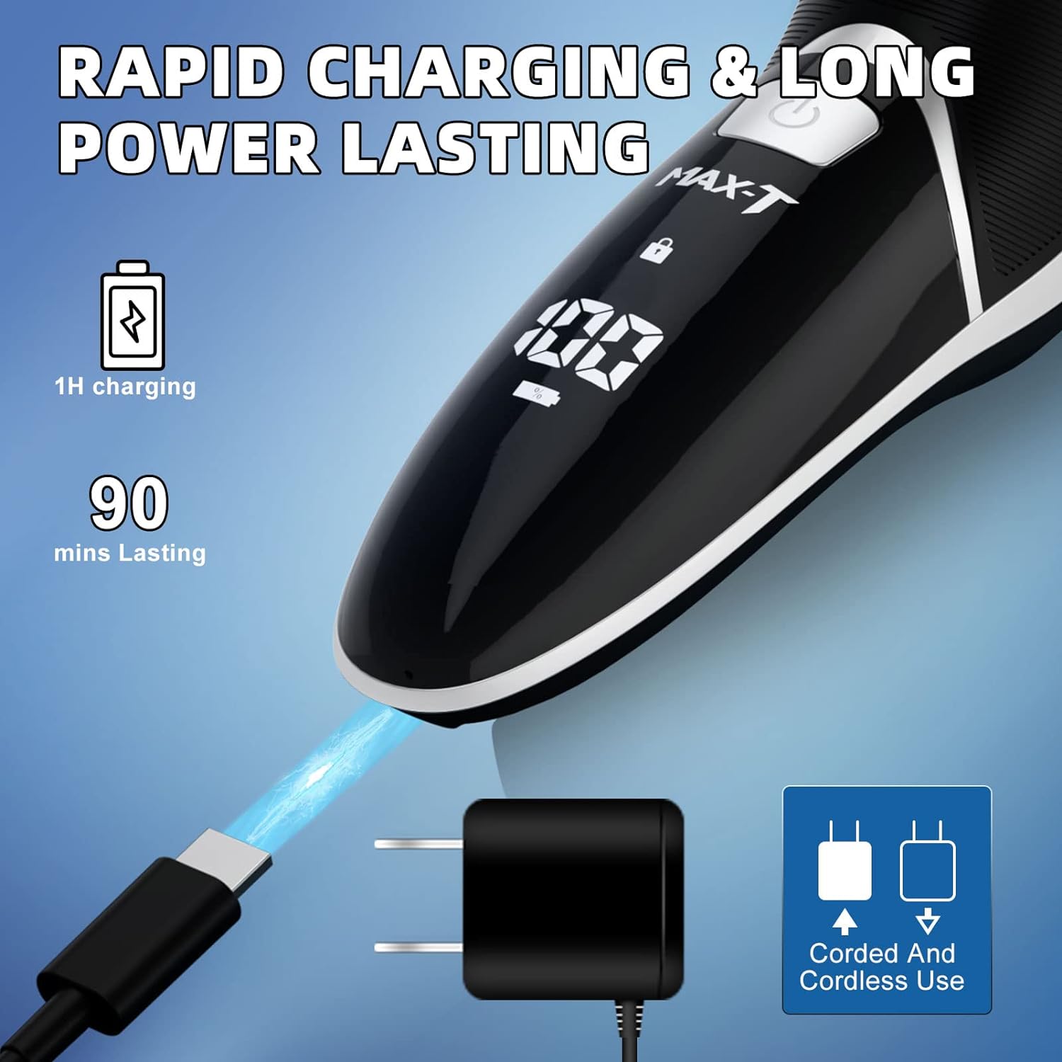 Electric Shaver for Men, MAXT Quick Rechargeable Electric Razor Wet Dry Rotary Shaver with Pop Up Trimmer and LED Display, IPX7 100% Waterproof (8101 with Adapter Charger)