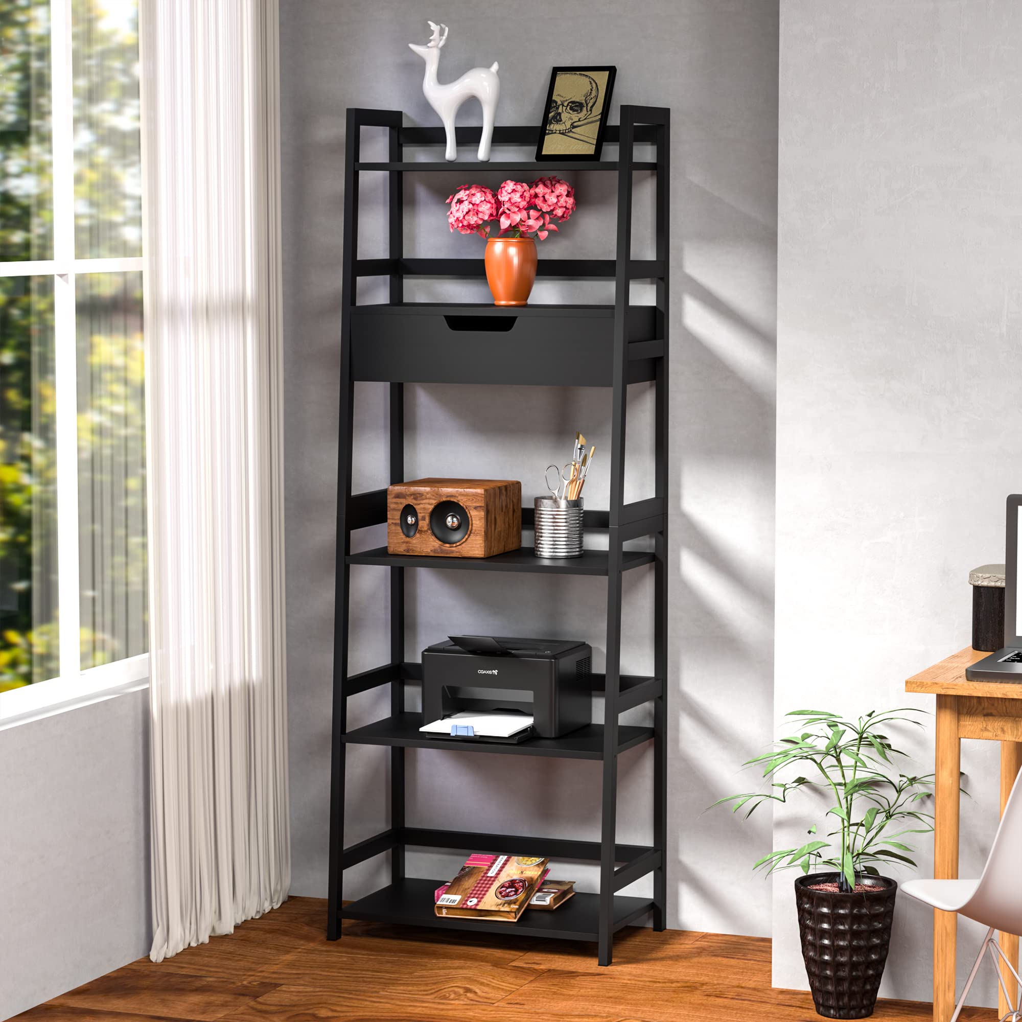 WTZ Bamboo Bookshelf with Drawer, 519 Black