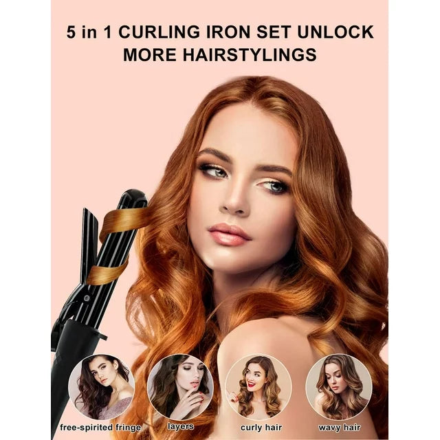 5 in 1 Hair Waver Curling Set for Long and Short Hair - 30s Heat-up Ceramic Iron with 2 Temps and 5 Barrels (0.3"-1.25")