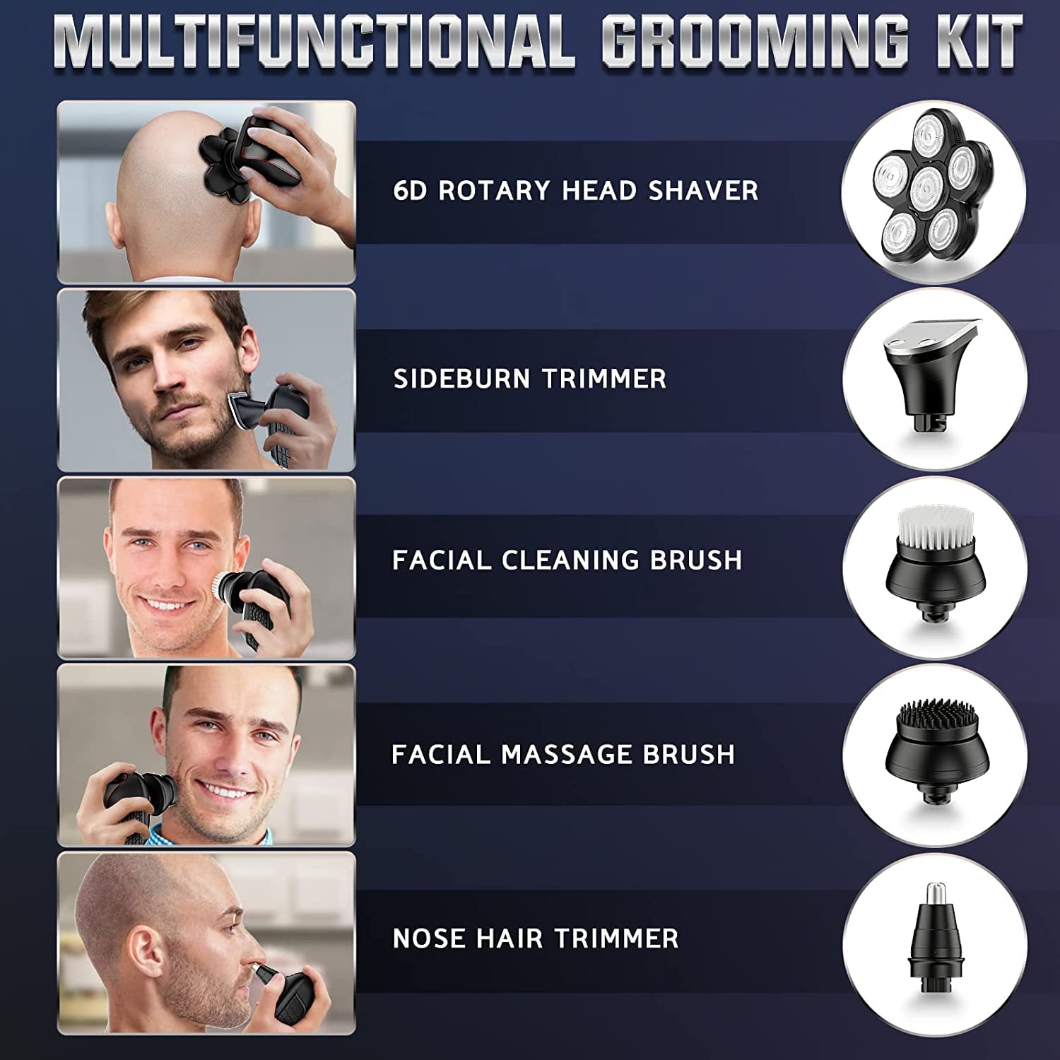 MAX-T Head Shavers for Men, Electric Razor for a Perfect Bald Look Wet/Dry 5 in 1 Cordless USB Rechargeable 6D Rotary Shaver