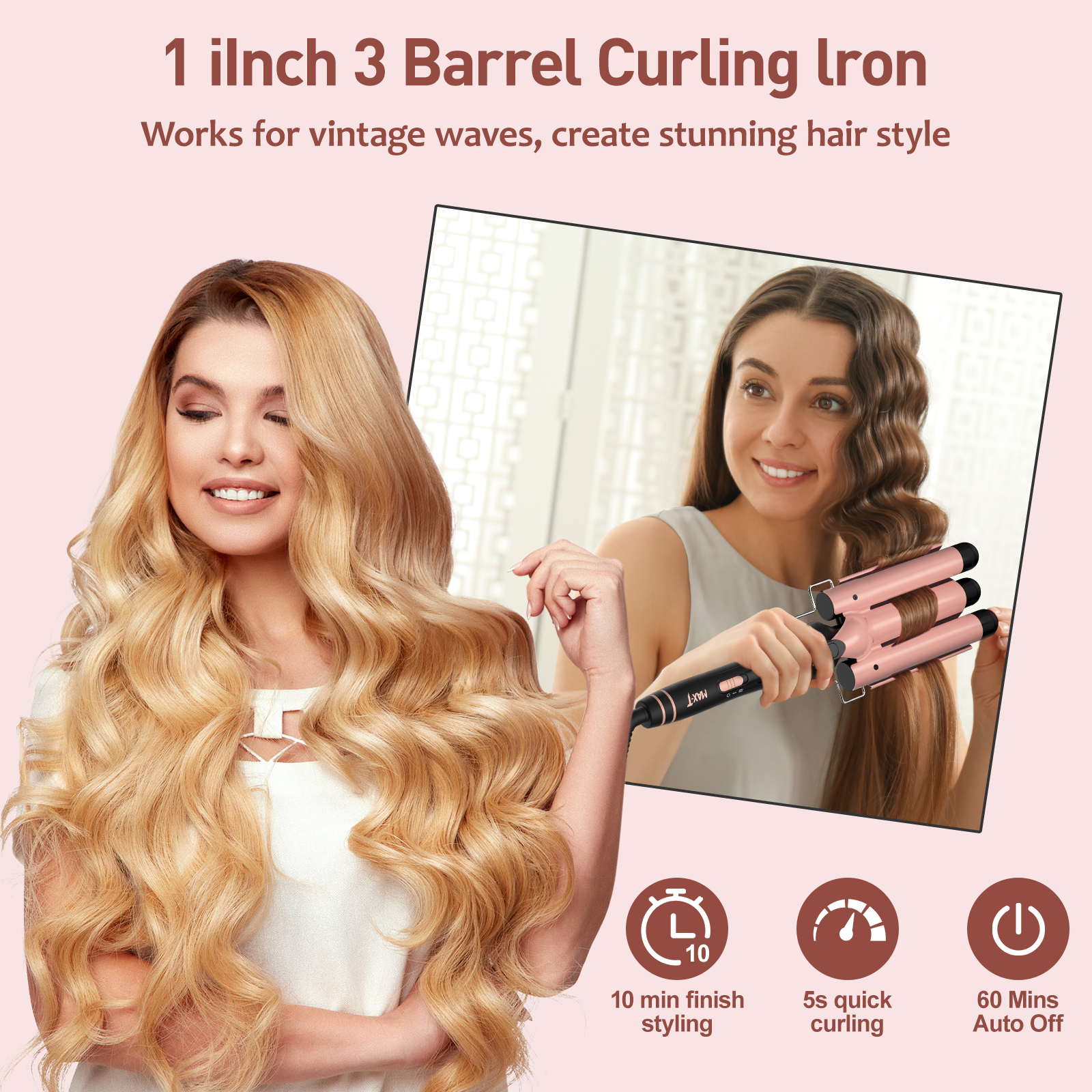MAXT 5 in 1 Curling Iron Wand Set Dual Voltage 0.35-1.25" Replaceable Ceramic Wand Curler with Glove & Clips Pink