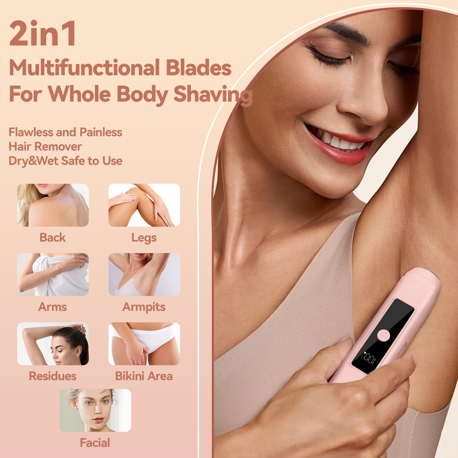 2 in 1 Women Electric Shaver, Dual Head Bikini Trimmer, IPX7 Waterproof Wet & Dry Use Body Hair Trimmer and Facial Hair Remover for Bikini Underarm Leg Arm Face Lip, Pink