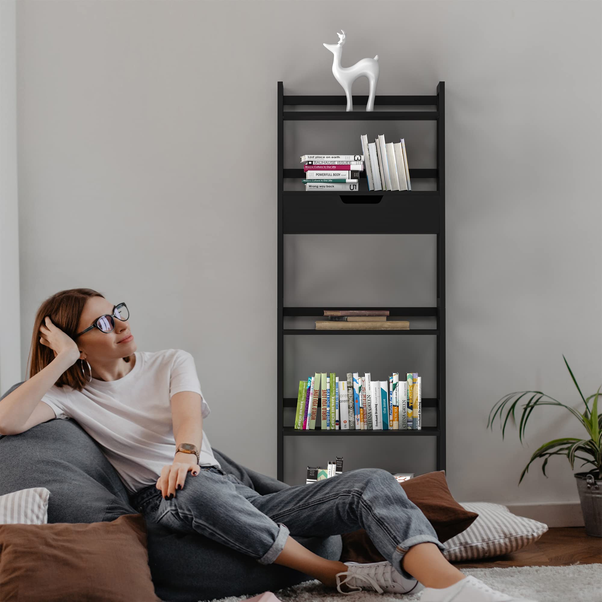 WTZ Bamboo Bookshelf with Drawer, 519 Black