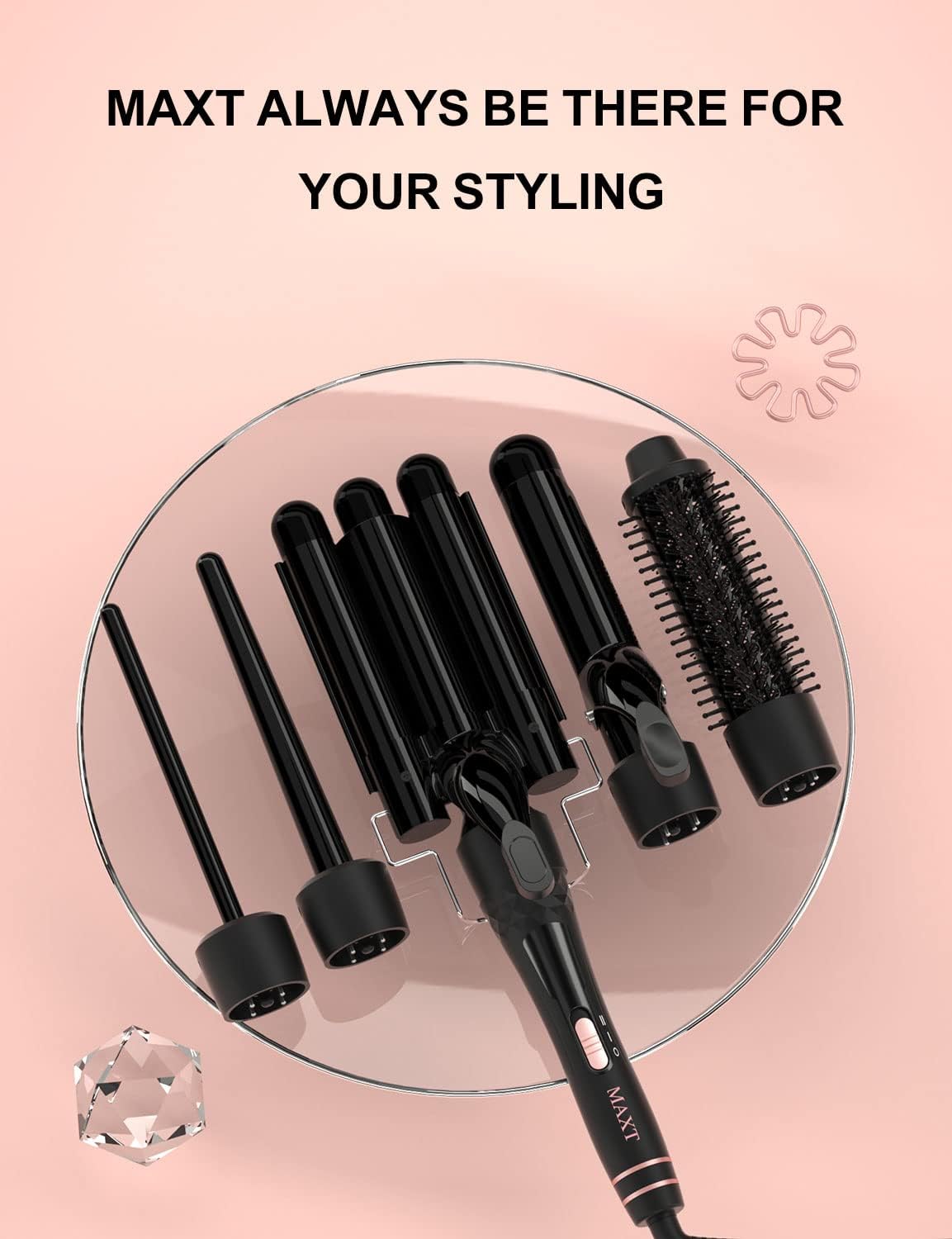 MAXT 5 in 1 Curling Iron with Curling Brush and 4 Interchangeable Ceramic Curling Wand(0.35”-1.25”)(Black)