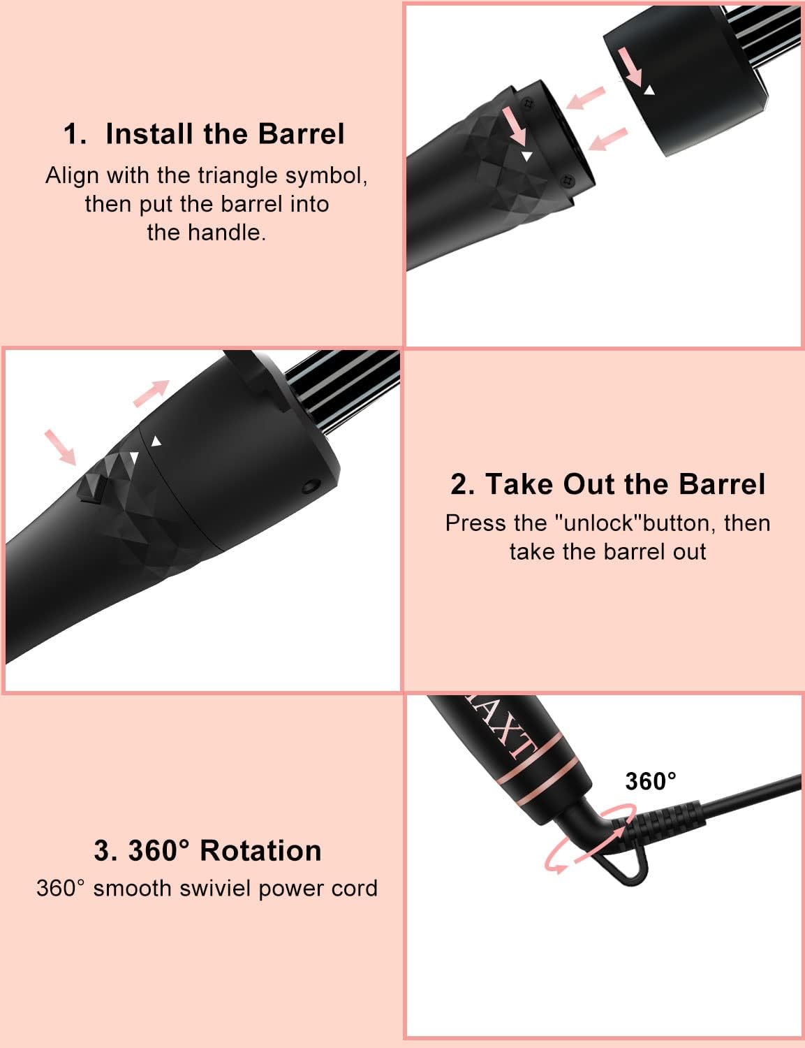 MAXT 5 in 1 Curling Iron with Curling Brush and 4 Interchangeable Ceramic Curling Wand(0.35”-1.25”)(Black)