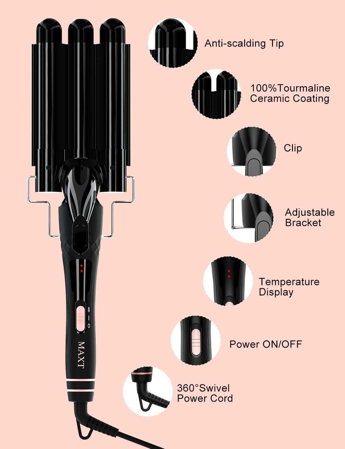 MAXT 5 in 1 Curling Iron with Curling Brush and 4 Interchangeable Ceramic Curling Wand(0.35”-1.25”)(Black)