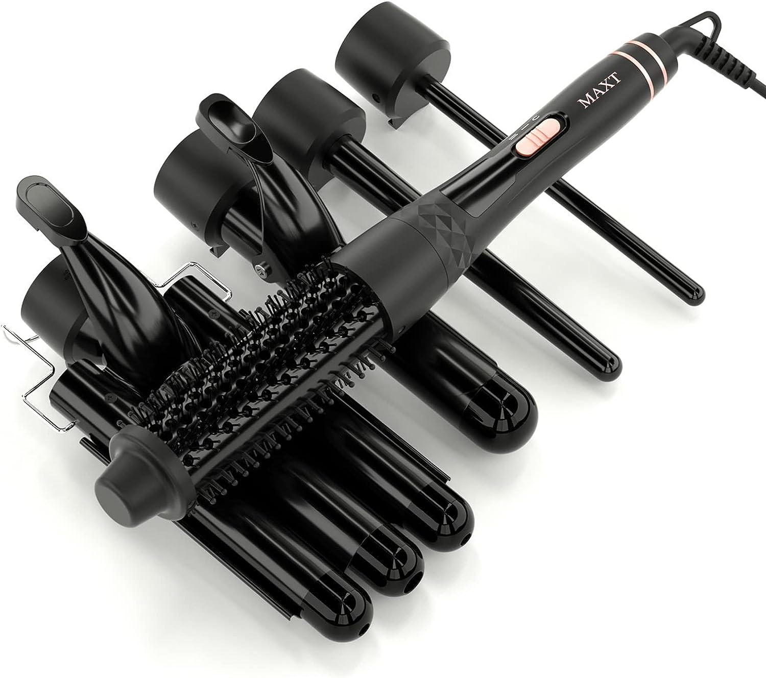 MAXT 5 in 1 Curling Iron with Curling Brush and 4 Interchangeable Ceramic Curling Wand(0.35”-1.25”)(Black)