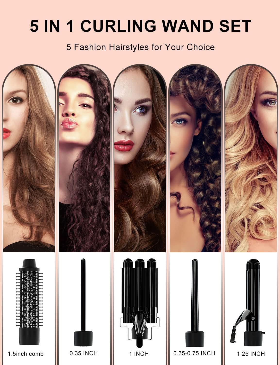 MAXT 5 in 1 Curling Iron with Curling Brush and 4 Interchangeable Ceramic Curling Wand(0.35”-1.25”)(Black)