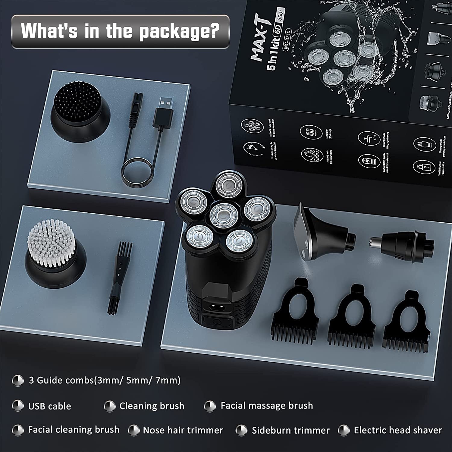 MAX-T Head Shavers for Men, Electric Razor for a Perfect Bald Look Wet/Dry 5 in 1 Cordless USB Rechargeable 6D Rotary Shaver