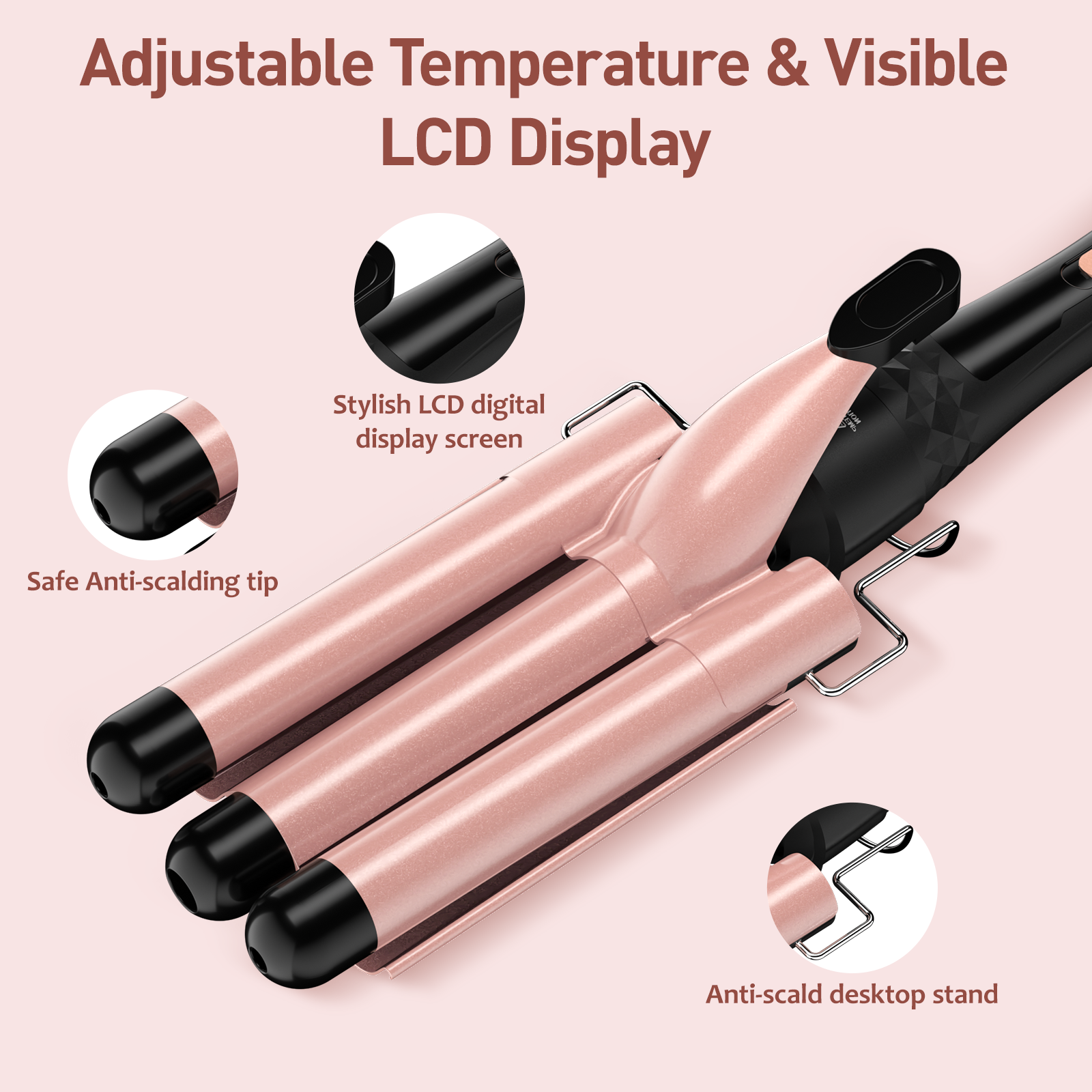 MAXT 5 in 1 Curling Iron Wand Set Dual Voltage 0.35-1.25" Replaceable Ceramic Wand Curler with Glove & Clips Pink