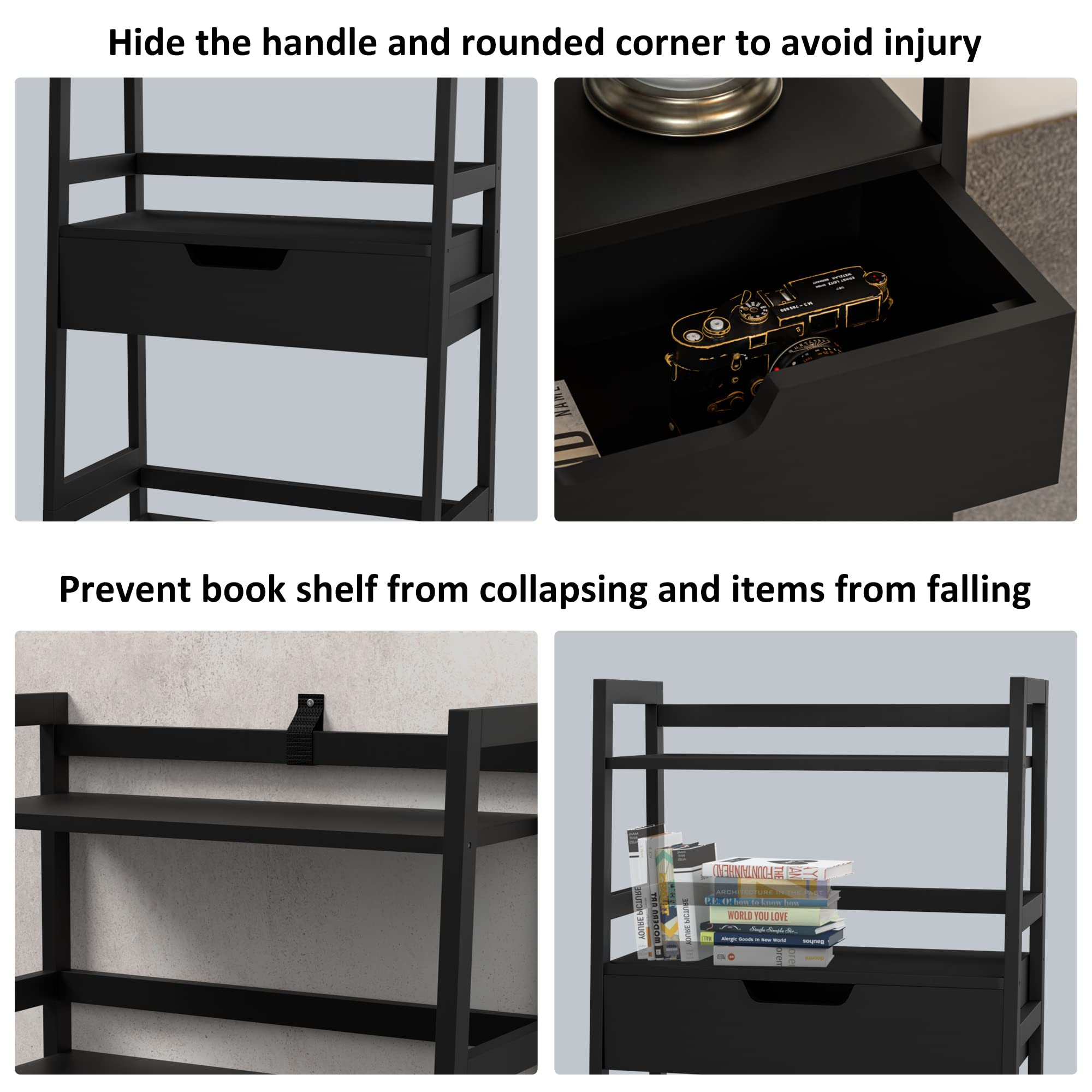 WTZ Bamboo Bookshelf with Drawer, 519 Black