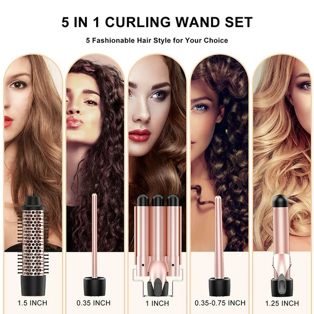 Beach Wave Curling Iron Wand, FINETOL 5 in 1 Hair Waver 3 Barrel Curling Iron Set for Long Short Soft Hard Hair, 30s Heat-up 5 Ceramic Hair Wand Curling Iron (0.3-1.25) with 2 Temps