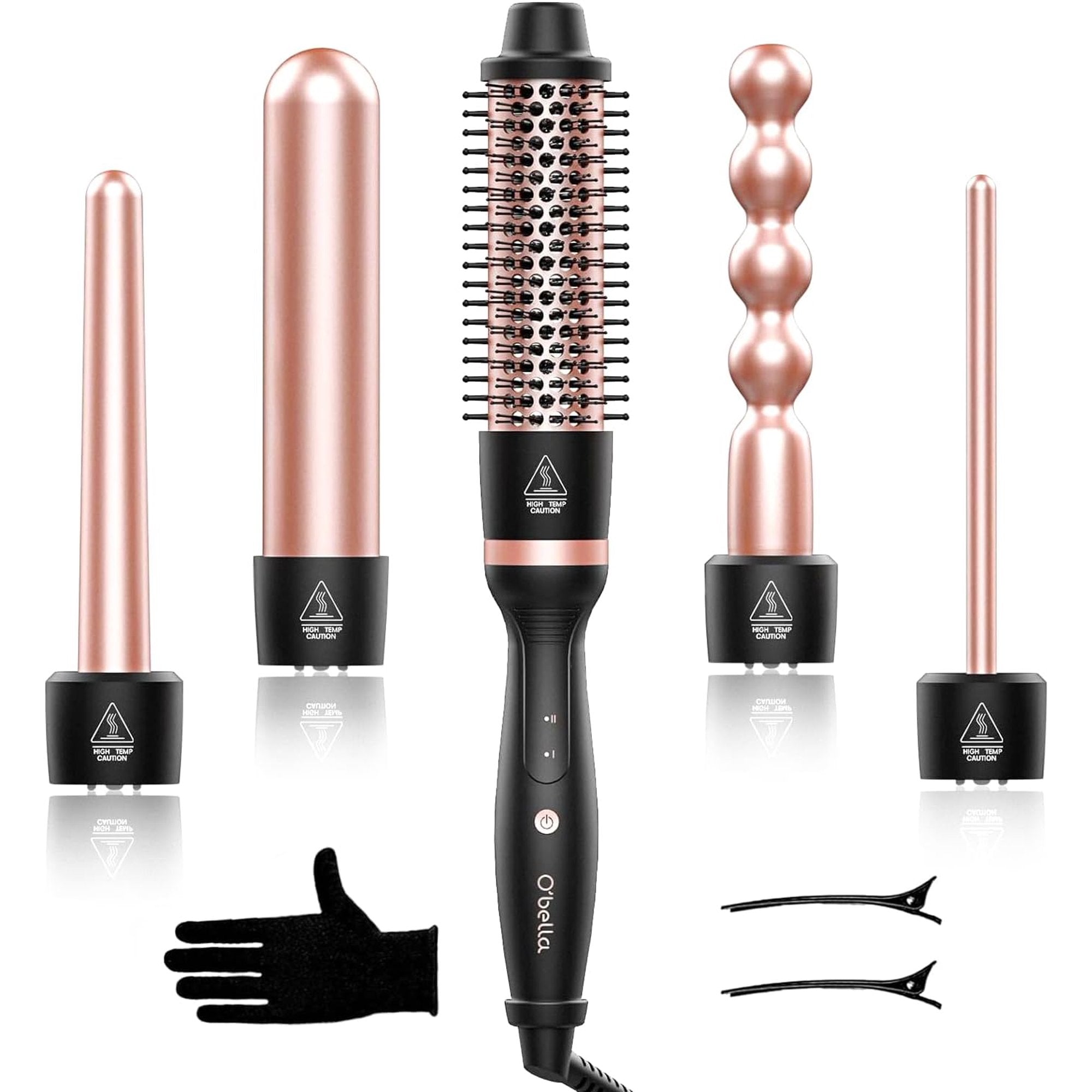 Curling Iron Set, O'bella 5 in 1 Curling Wand Set with Thermal Brush&4 Interchangeable Ceramic Curling Wand(0.35”-1.25”), 2 Temps Instantly Heating Hair Wand Curler
