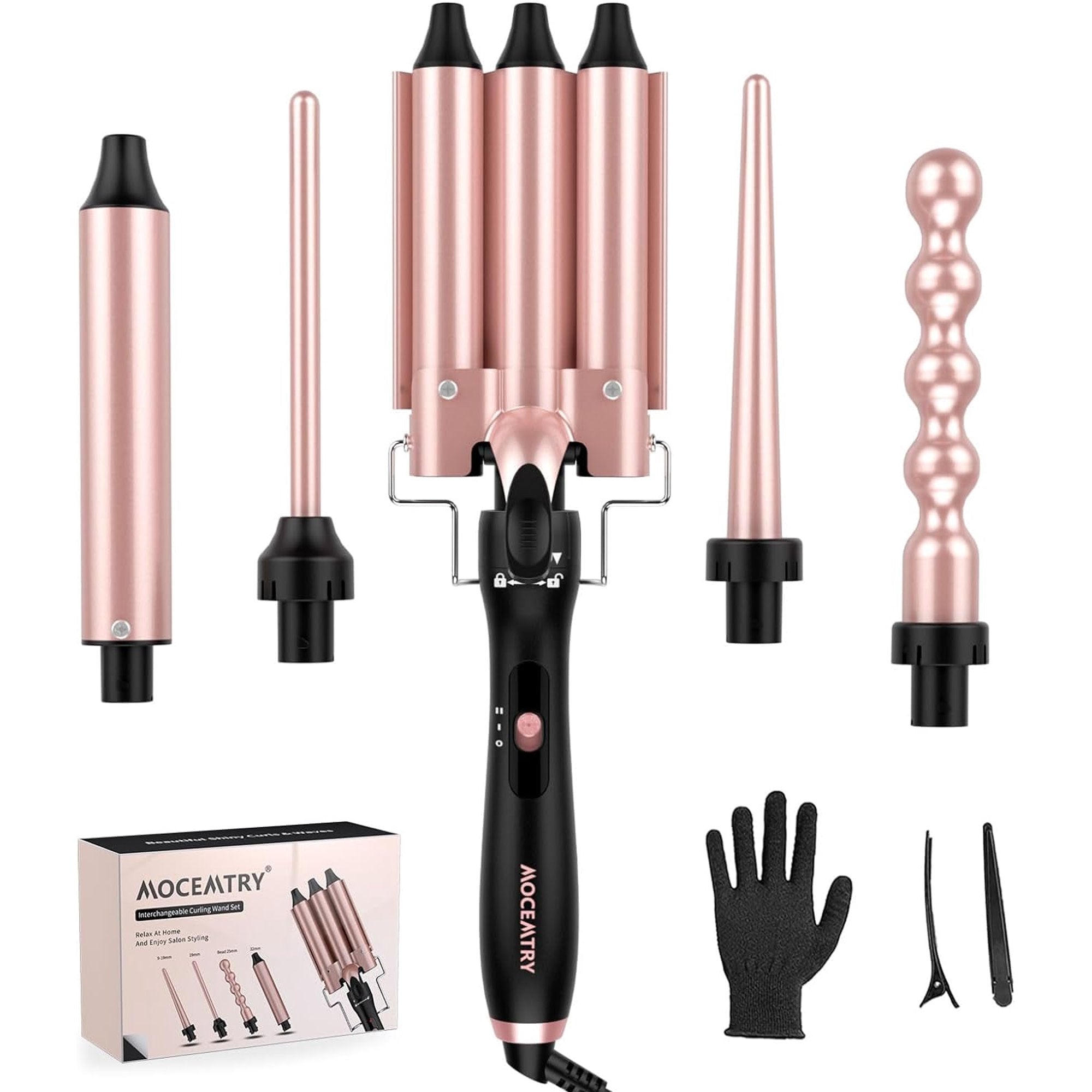 MOCEMTRY 5 in 1 Curling Wand Set with 3 Barrel Hair Crimper for Women,Fast Heating Hair Wand Curler with Two Temp Control.