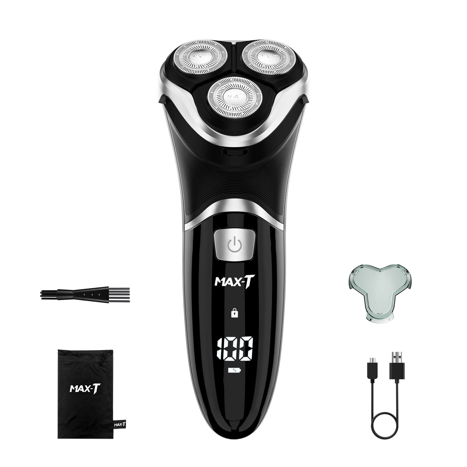 Electric Shaver Razor for Men, MAXT Quick Rechargeable Wet Dry Rotary Shaver with Pop Up Trimmer and LED Display, IPX7 100% Waterproof (8101 with USB Cable)
