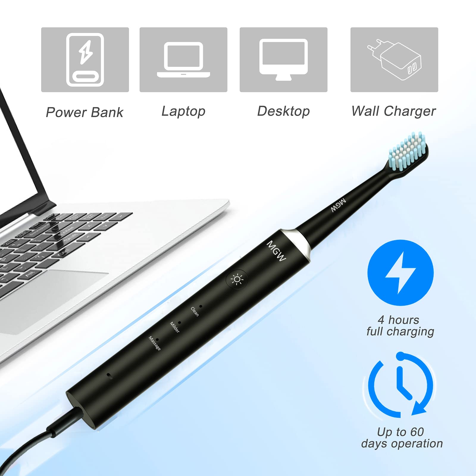 Electric Toothbrush for Adults, Rechargeable Sonic Electric Toothbrushes with Smart Timer, 3 Modes, 2 Replacement Brush Heads, IPX7 Waterproof, One Charge for 60 Days (Black)