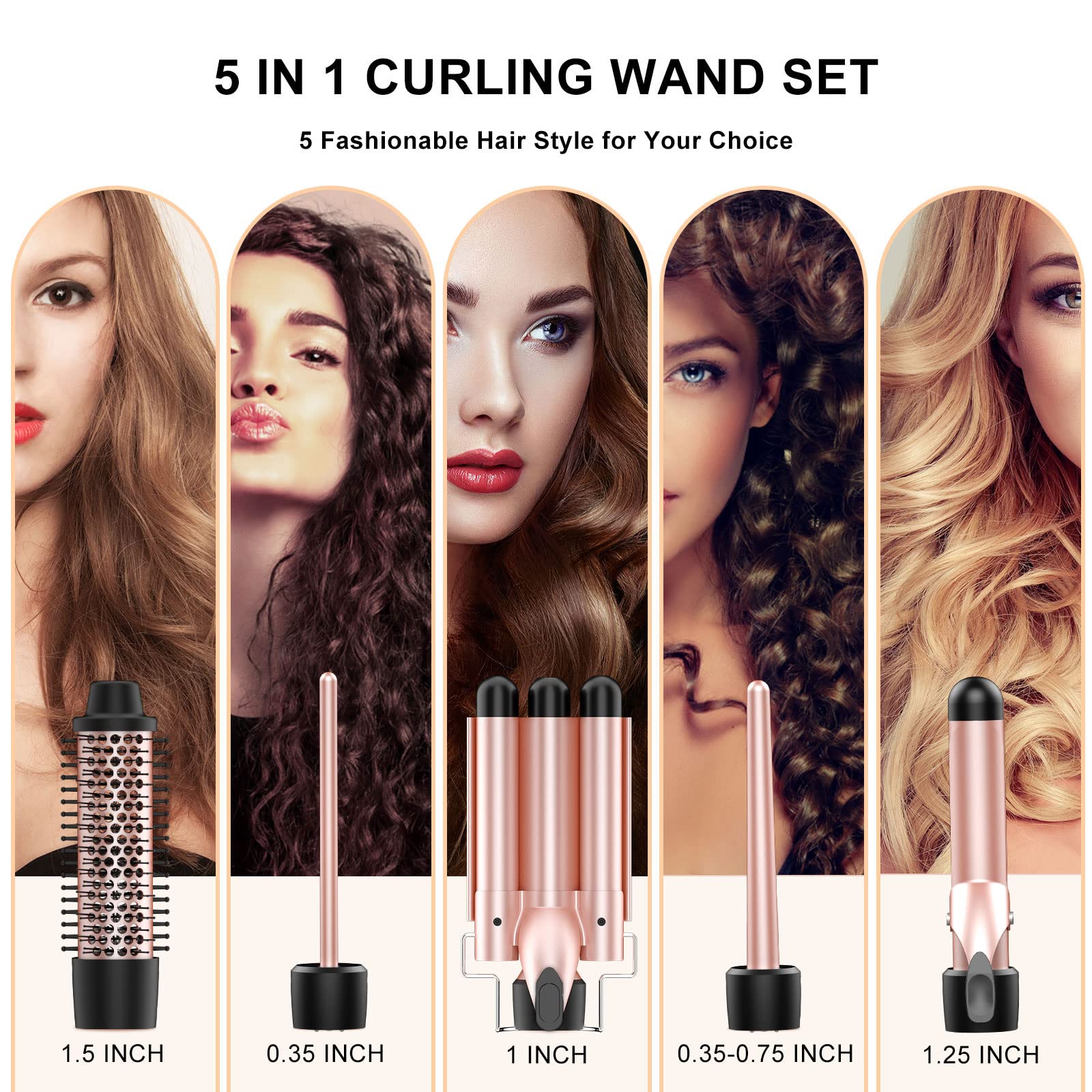 Curling Iron Set 5 in 1,MAXT Curling Wand Set Interchangeable Triple Barrel Curling Iron and Curling Brush Ceramic Barrel Wand Curling Iron(0.35”-1.25”)