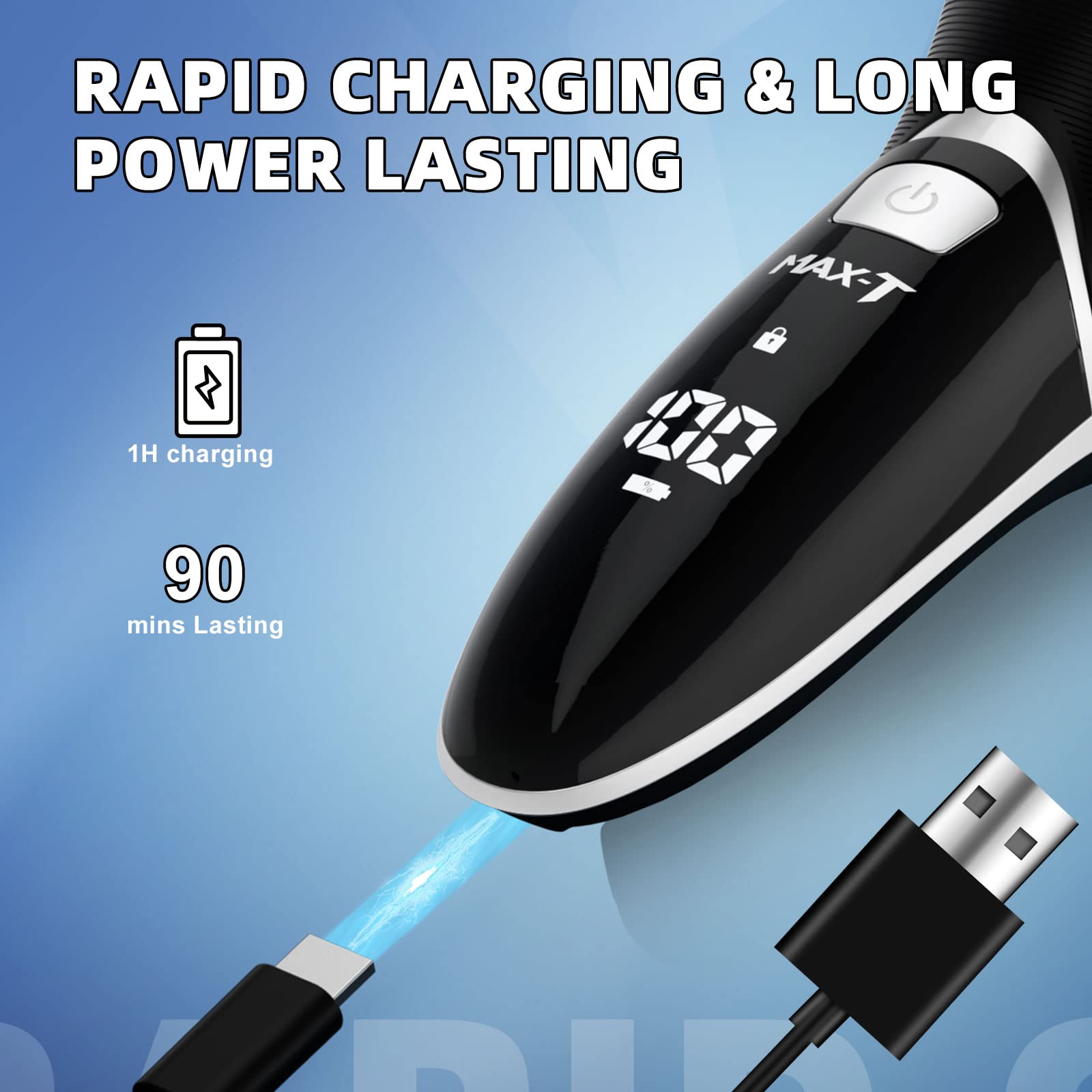 Electric Shaver Razor for Men, MAXT Quick Rechargeable Wet Dry Rotary Shaver with Pop Up Trimmer and LED Display, IPX7 100% Waterproof (8101 with USB Cable)