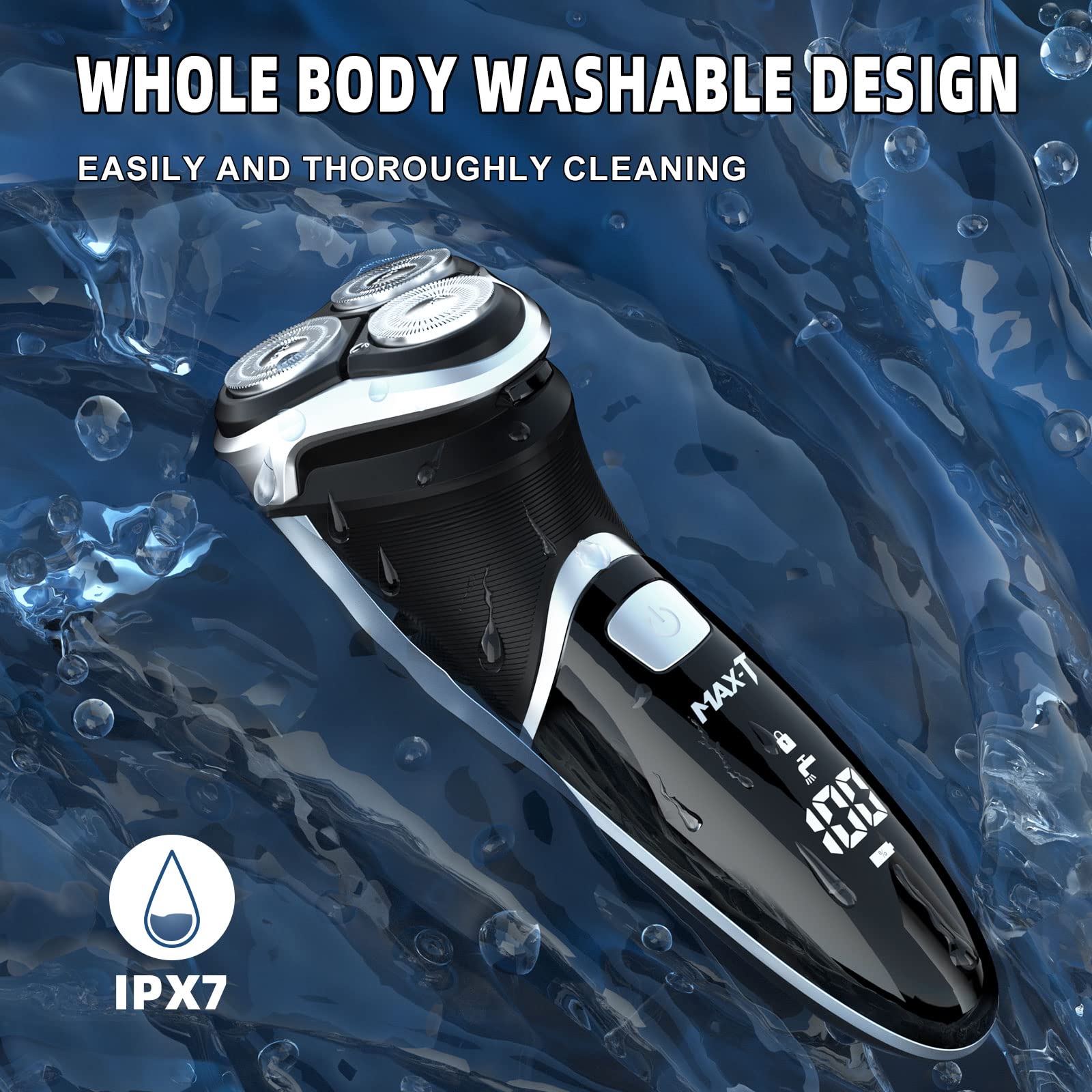 Electric Shaver Razor for Men, MAXT Quick Rechargeable Wet Dry Rotary Shaver with Pop Up Trimmer and LED Display, IPX7 100% Waterproof (8101 with USB Cable)