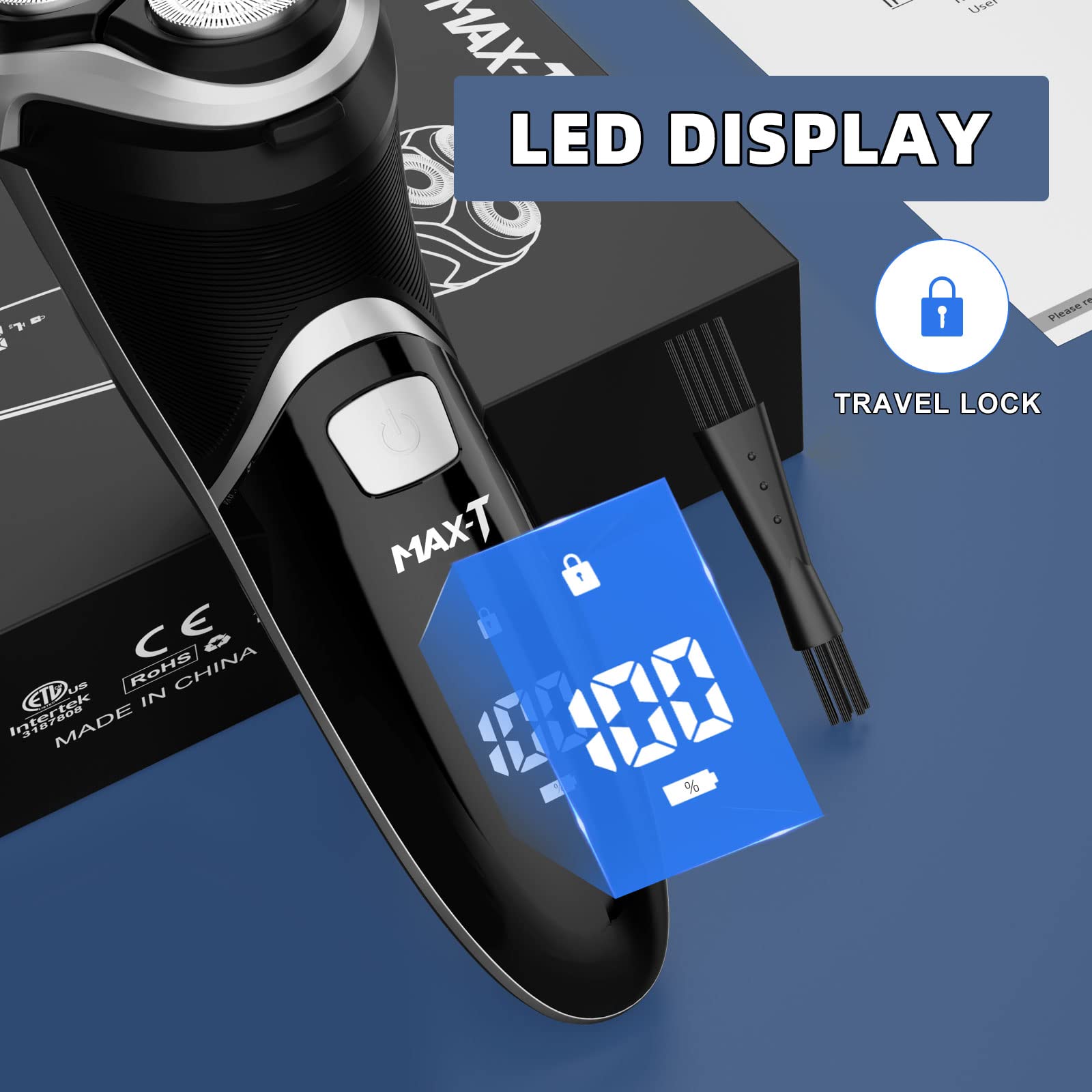 Electric Shaver Razor for Men, MAXT Quick Rechargeable Wet Dry Rotary Shaver with Pop Up Trimmer and LED Display, IPX7 100% Waterproof (8101 with USB Cable)