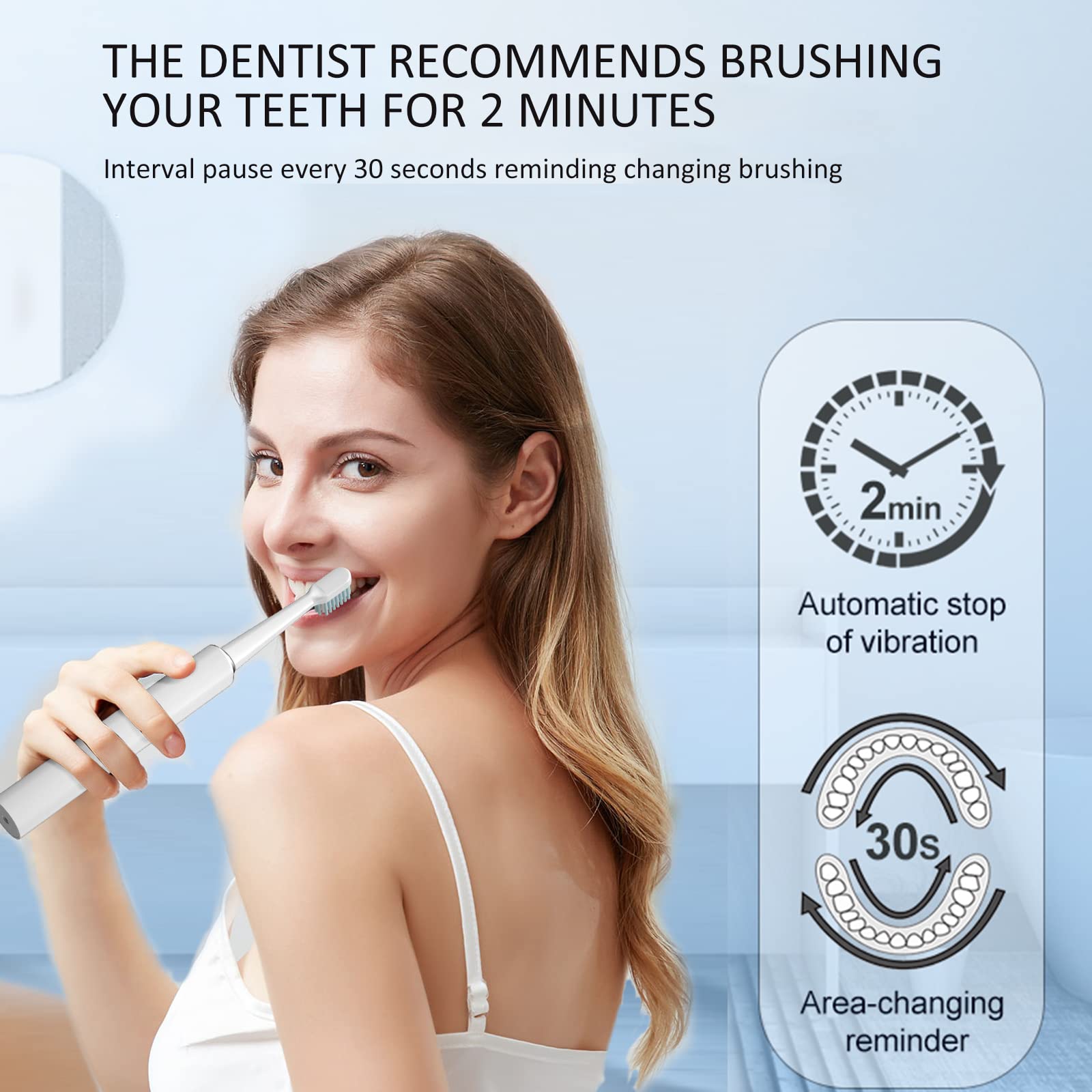 Electric Toothbrush for Adults, Rechargeable Sonic Electric Toothbrushes with Smart Timer, 3 Modes, 2 Replacement Brush Heads, IPX7 Waterproof, One Charge for 60 Days (White)