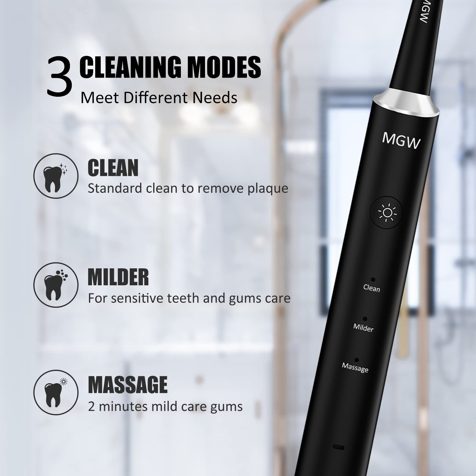 Electric Toothbrush for Adults, Rechargeable Sonic Electric Toothbrushes with Smart Timer, 3 Modes, 2 Replacement Brush Heads, IPX7 Waterproof, One Charge for 60 Days (Black)