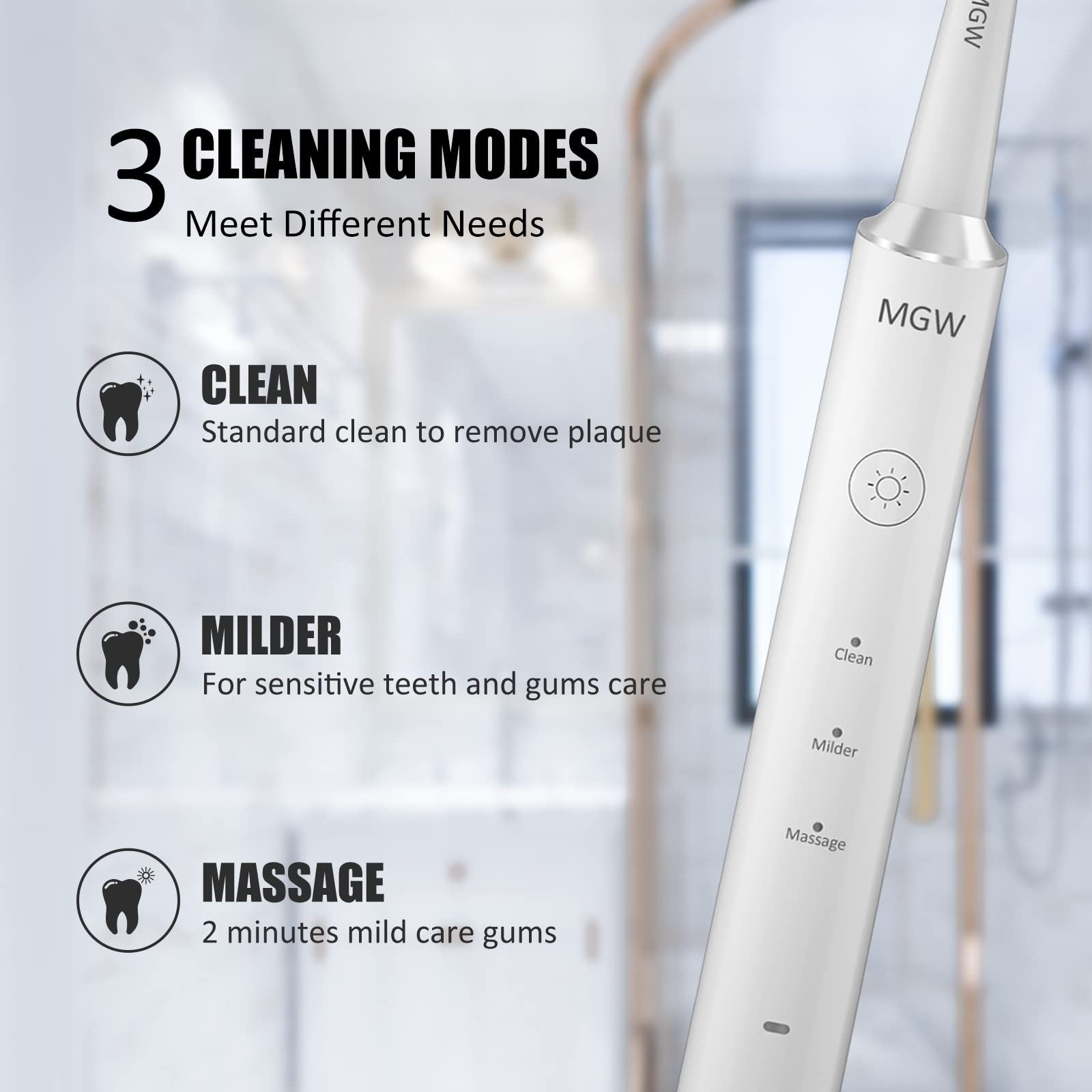 Electric Toothbrush for Adults, Rechargeable Sonic Electric Toothbrushes with Smart Timer, 3 Modes, 2 Replacement Brush Heads, IPX7 Waterproof, One Charge for 60 Days (White)