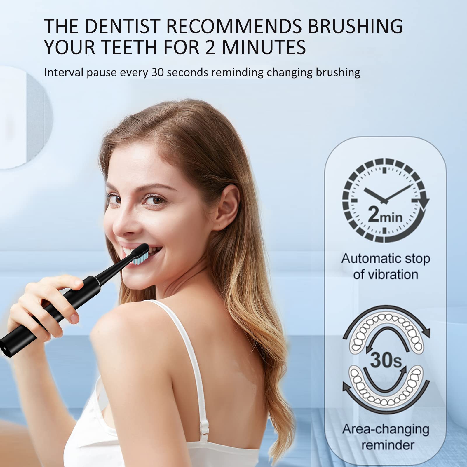 Electric Toothbrush for Adults, Rechargeable Sonic Electric Toothbrushes with Smart Timer, 3 Modes, 2 Replacement Brush Heads, IPX7 Waterproof, One Charge for 60 Days (Black)