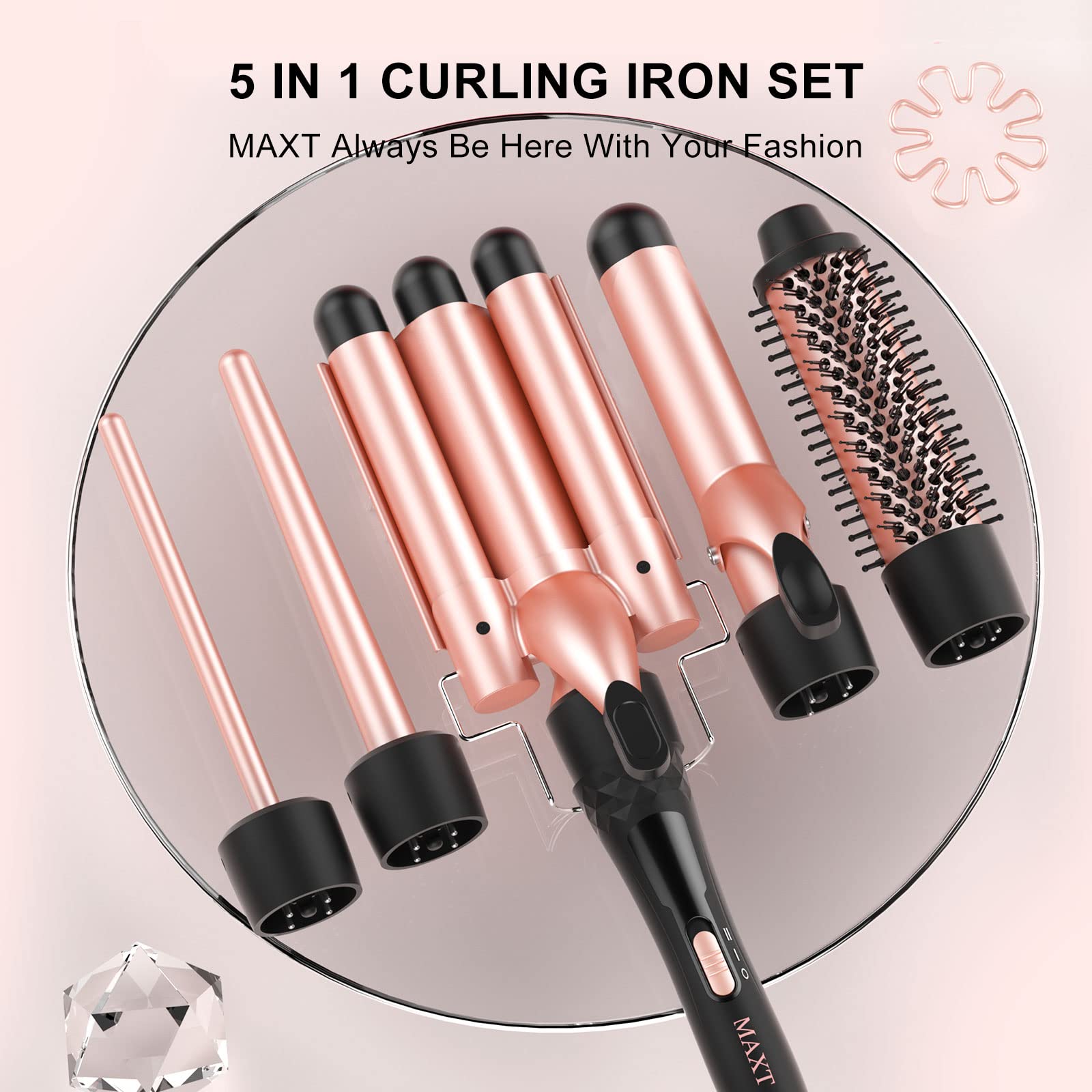Curling Iron Set 5 in 1,MAXT Curling Wand Set Interchangeable Triple Barrel Curling Iron and Curling Brush Ceramic Barrel Wand Curling Iron(0.35”-1.25”)