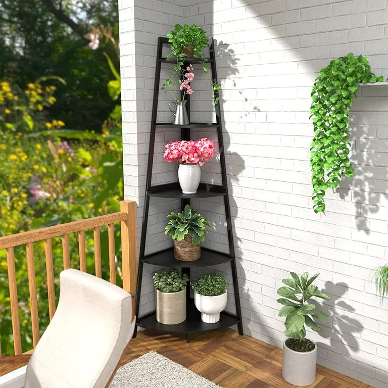 WTZ 5 Tier Corner Ladder Wood Shelf, Display Rack Multipurpose Bookshelf and Plant Stand for Living Room and Office-2pcs