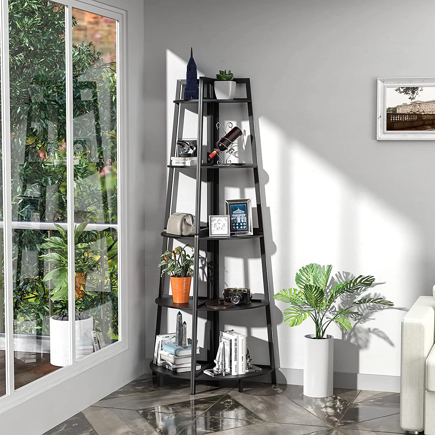 WTZ 5 Tier Corner Ladder Wood Shelf, Display Rack Multipurpose Bookshelf and Plant Stand for Living Room and Office-2pcs