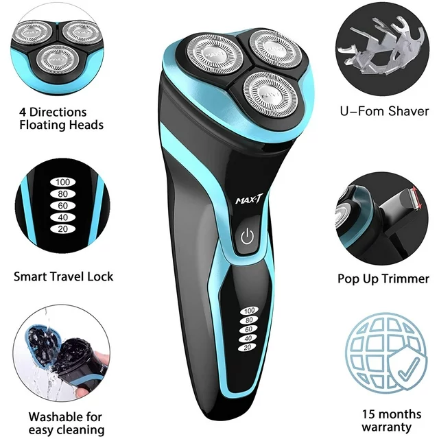 MAXT Electric Razor for Men Electric Shaver Face Shaver Rechargeable 100% Waterproof IPX7, Blue