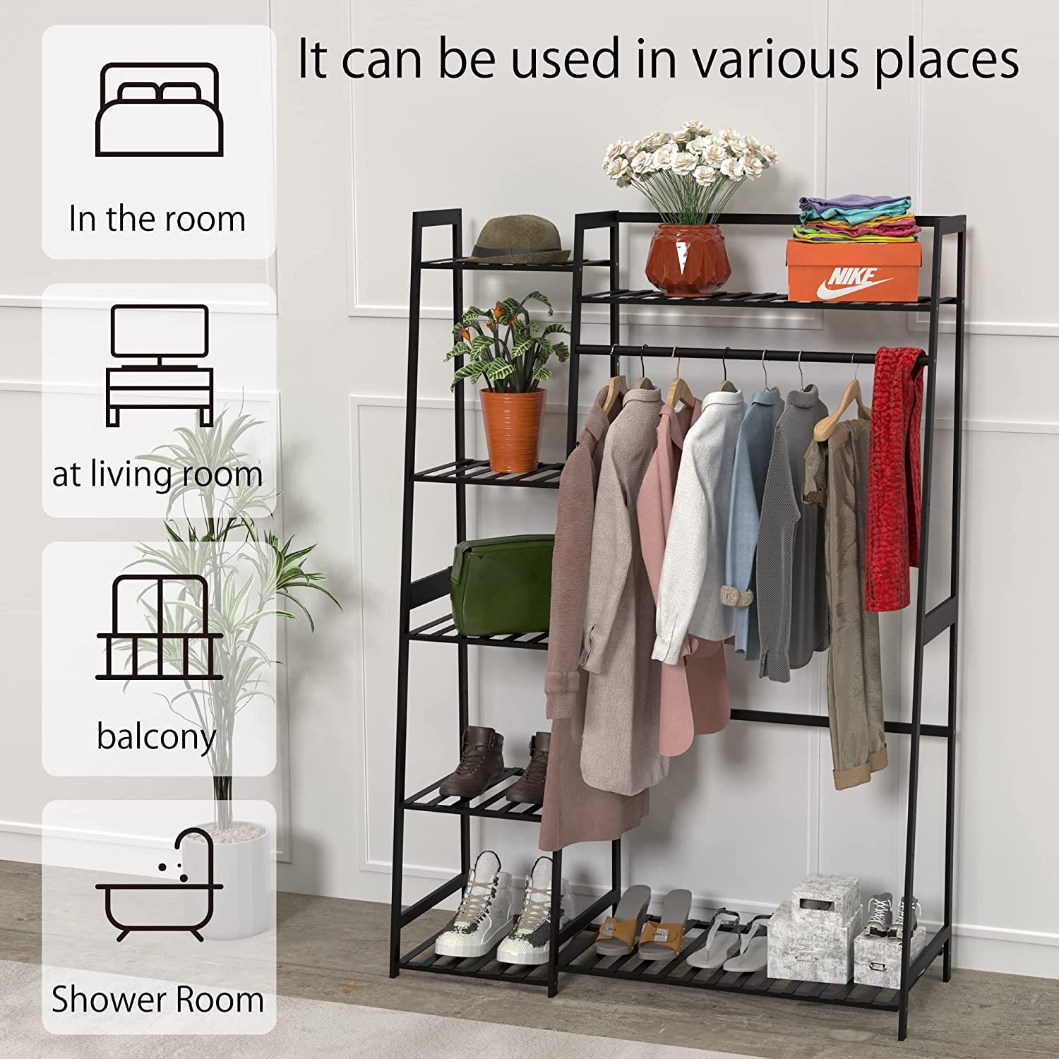 WTZ Clothing Rack with Shelves Freestanding Closet Organizer MC602 Black