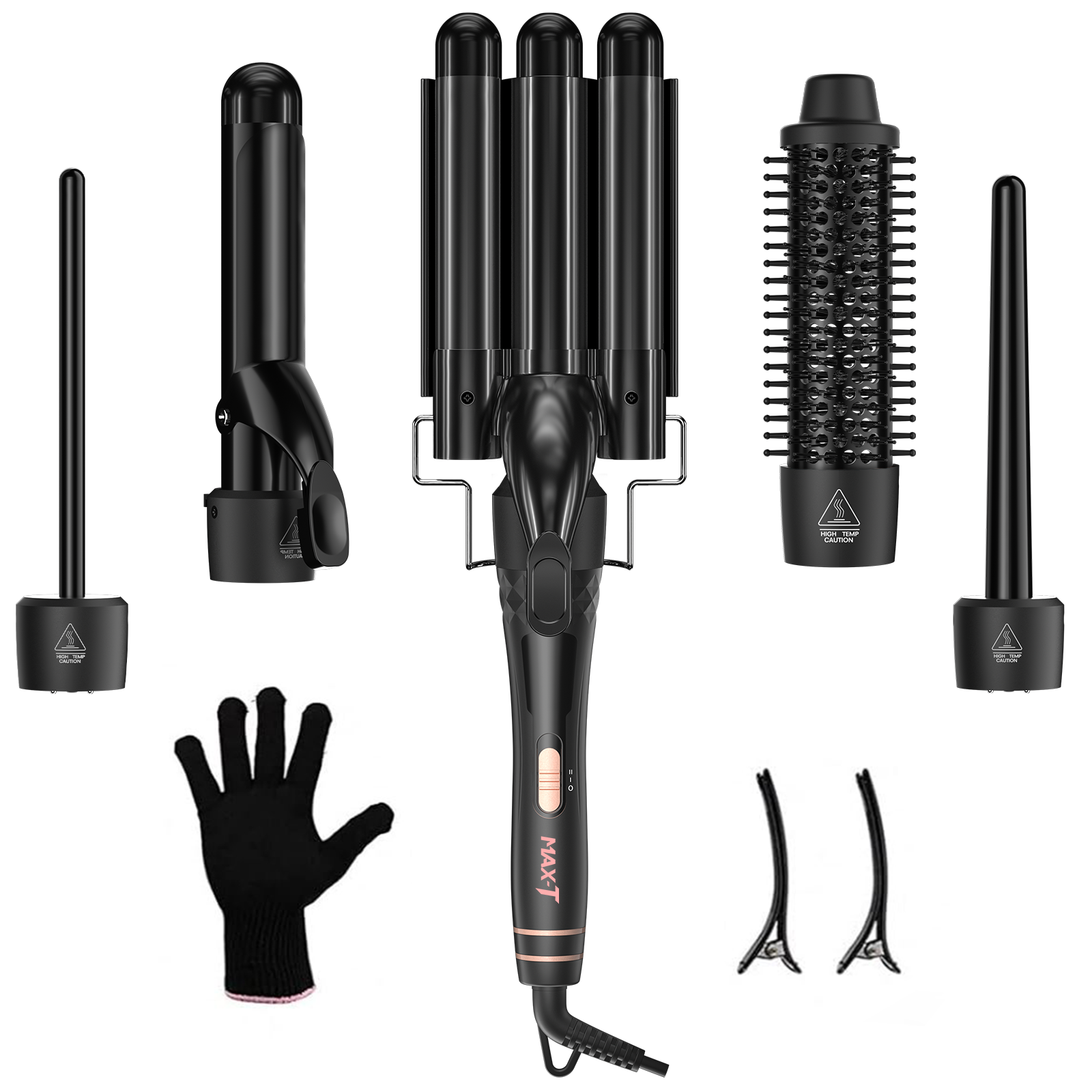 MAXT 5 in 1 Curling Iron Wand Set Dual Voltage 0.35-1.25" Replaceable Ceramic Wand Curler with Glove & Clips Pink & Black