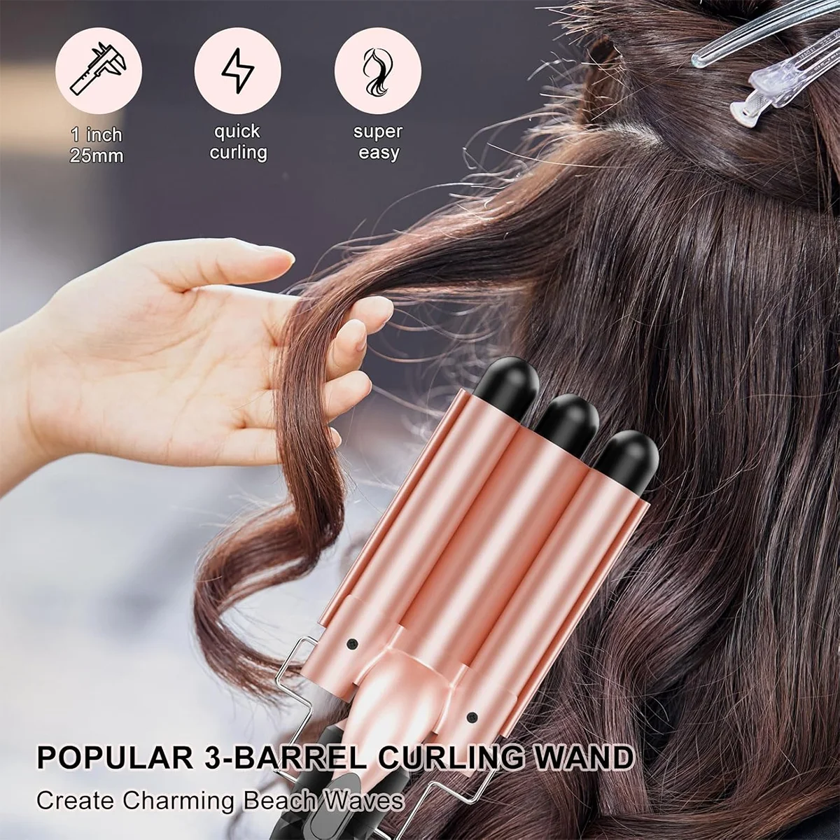 3 in 1 Curling Wand Set Included 1 inch 3 barrel hair crimper, 0.35 inch hair curling wand and 1.73 inch wand curler, Long Barrel Curling Iron with Tourmaline Ceramic Coating, Fast Heating