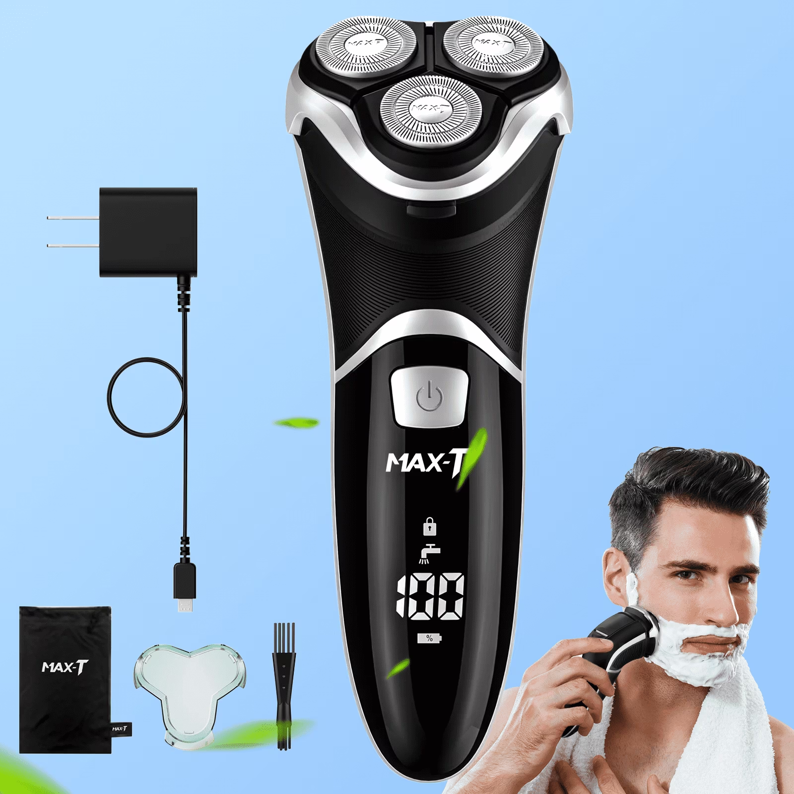 Electric Shaver for Men, MAXT Quick Rechargeable Electric Razor Wet Dry Rotary Shaver with Pop Up Trimmer and LED Display, IPX7 100% Waterproof （8101 with Adapter Charger）