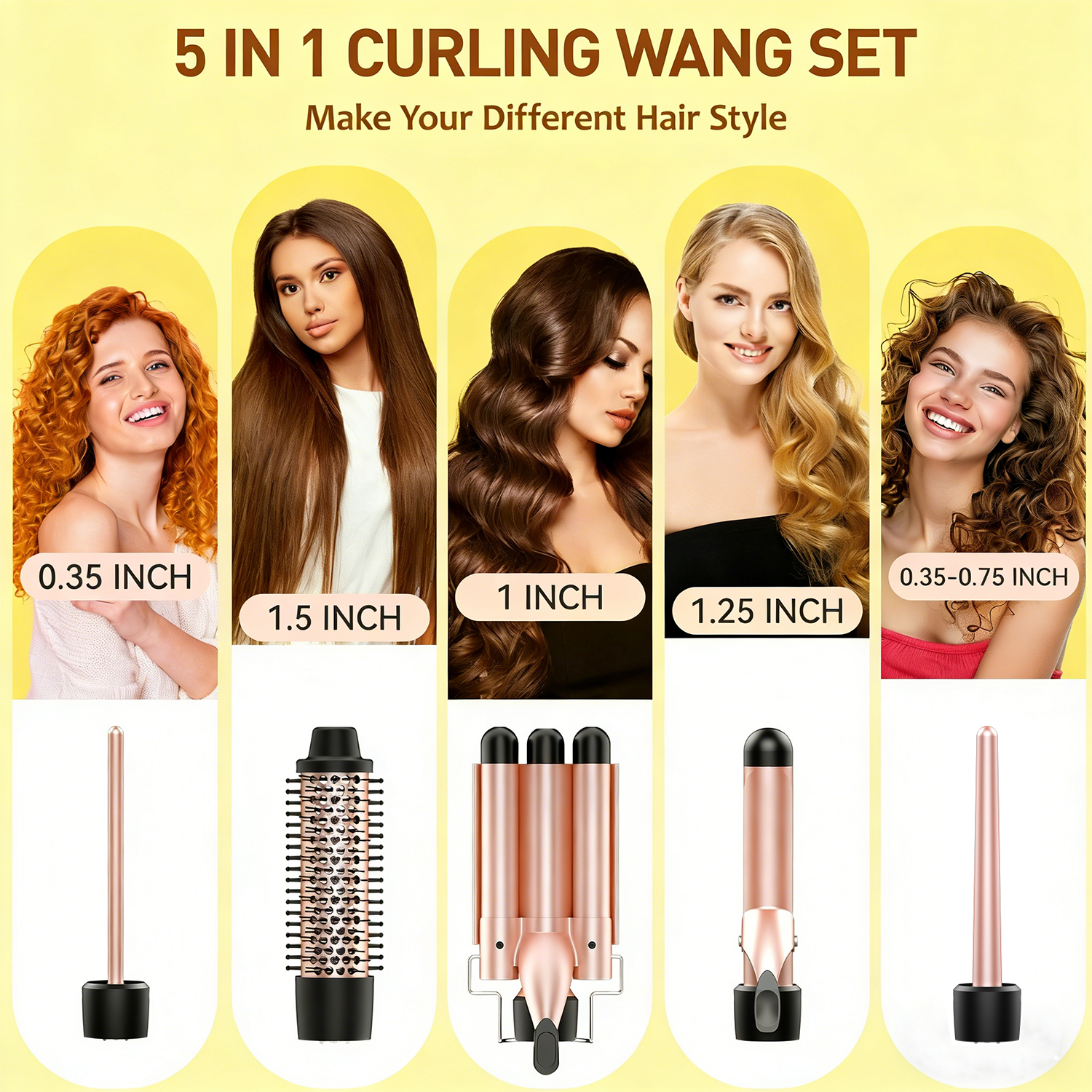 5‑in‑1 Curling Iron Set Hair Waver Curling Wand Hair Crimper Thermal Brush Kit Fast Heating Anti‑Scald Dual Voltage Gift for Women Pink