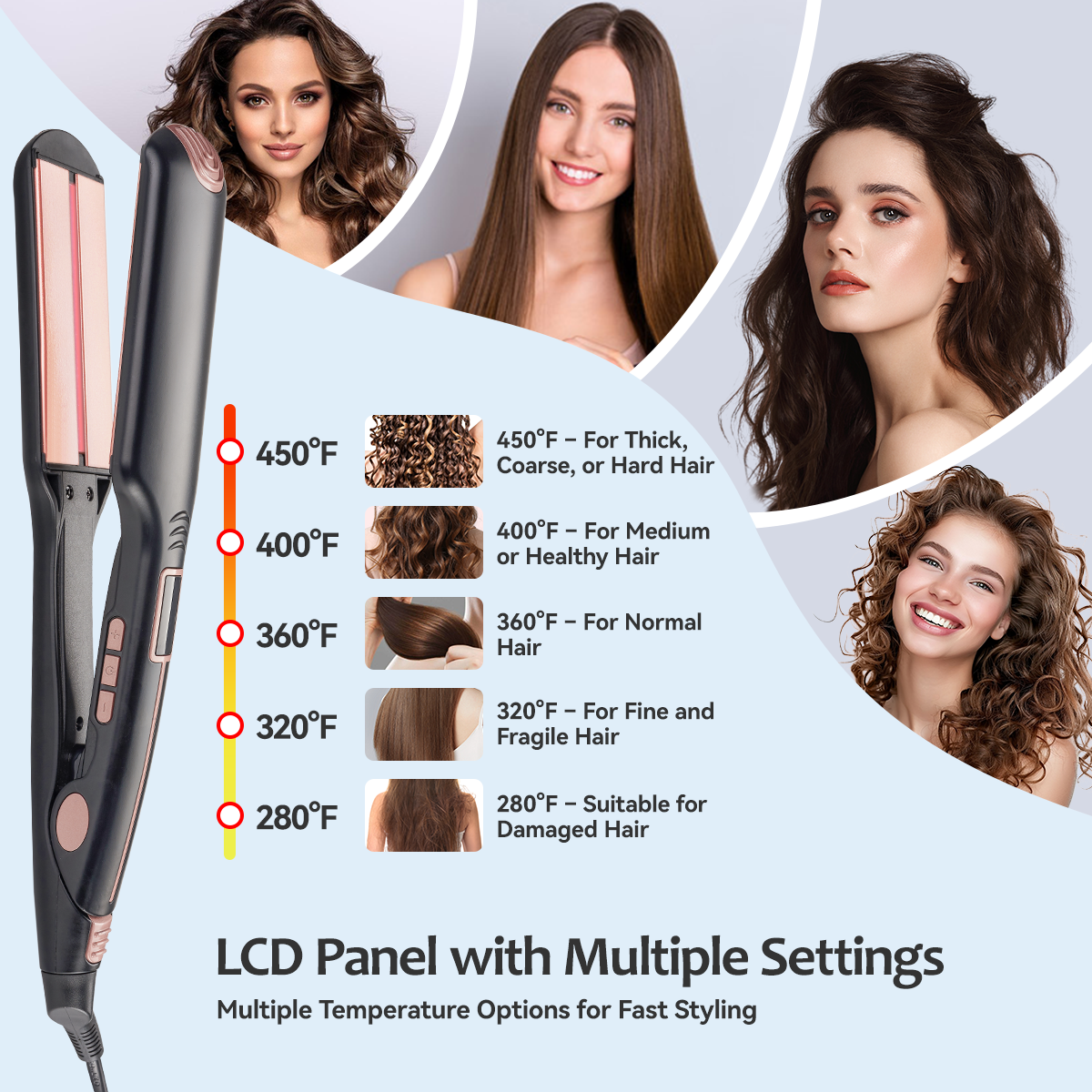 FINETOL 2 in 1 Hair Straightener 2.2" Flat Iron, Adjustable Temperature, Dual Use Curling Iron Wand Hair Curler, Pro Hair Tools for Hair