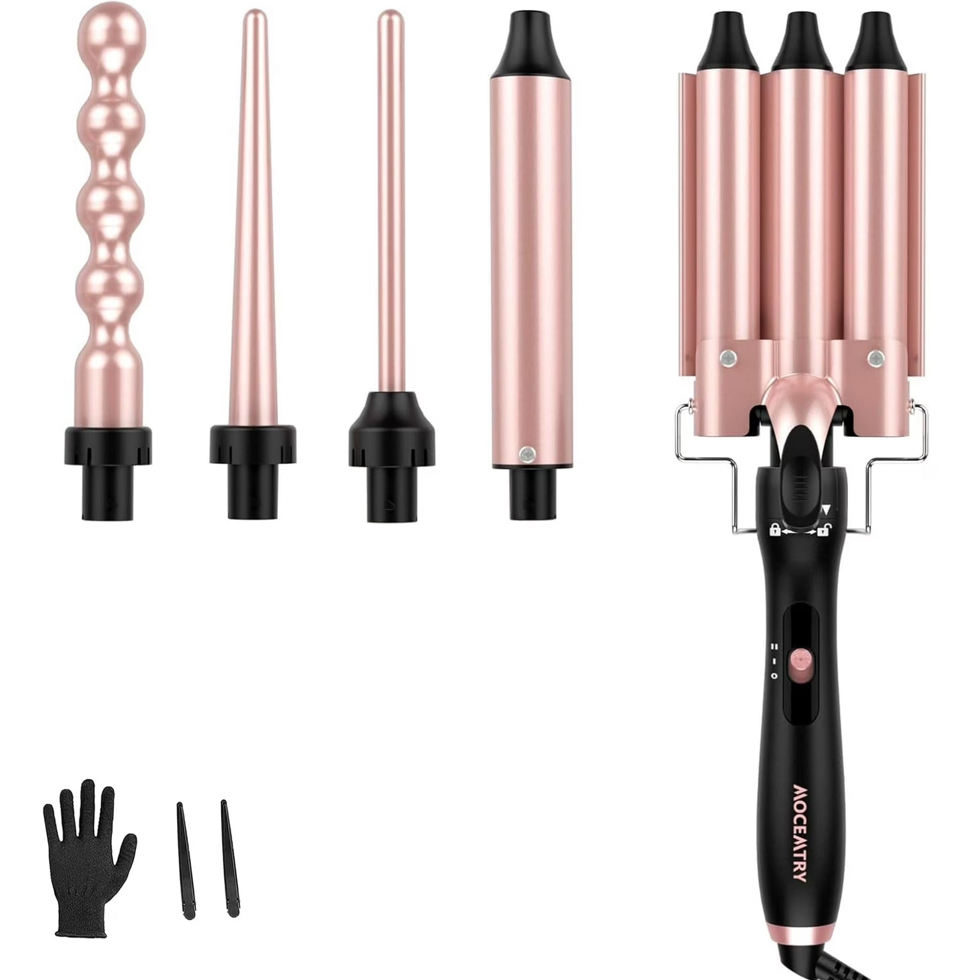 MOCEMTRY Curling Iron Wand, 5 in 1 Curling Wand Set includes 3 Barrel Crimper, Fast Heating Hair Curler Gift for Women